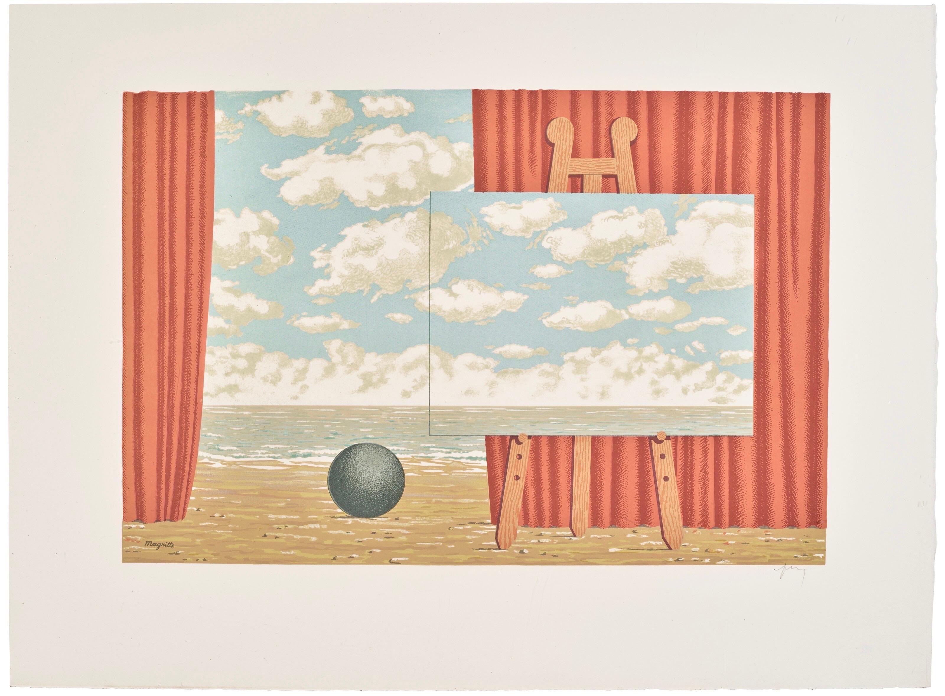 This exquisite lithograph after Rene Magritte (1898–1967), titled La Belle Captive (The Beautiful Captive), from the folio Les Enfants Trouves de Magritte (The Found Children of Magritte), 1968, originates from the edition published by A.C. Mazo et