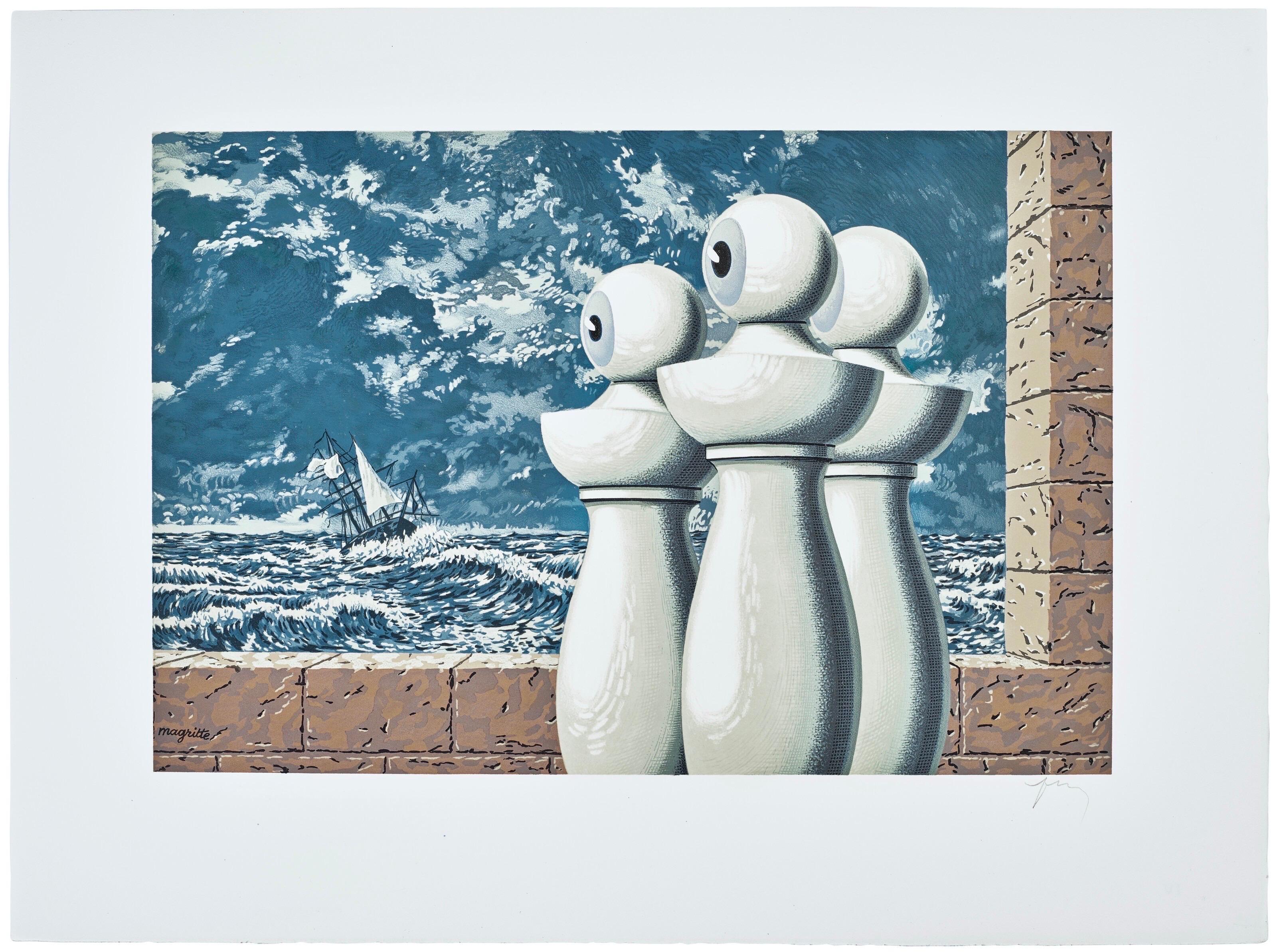 This exquisite lithograph after Rene Magritte (1898–1967), titled La Traversee Difficile (The Difficult Crossing), from the folio Les Enfants Trouves de Magritte (The Found Children of Magritte), 1968, originates from the edition published by A.C.