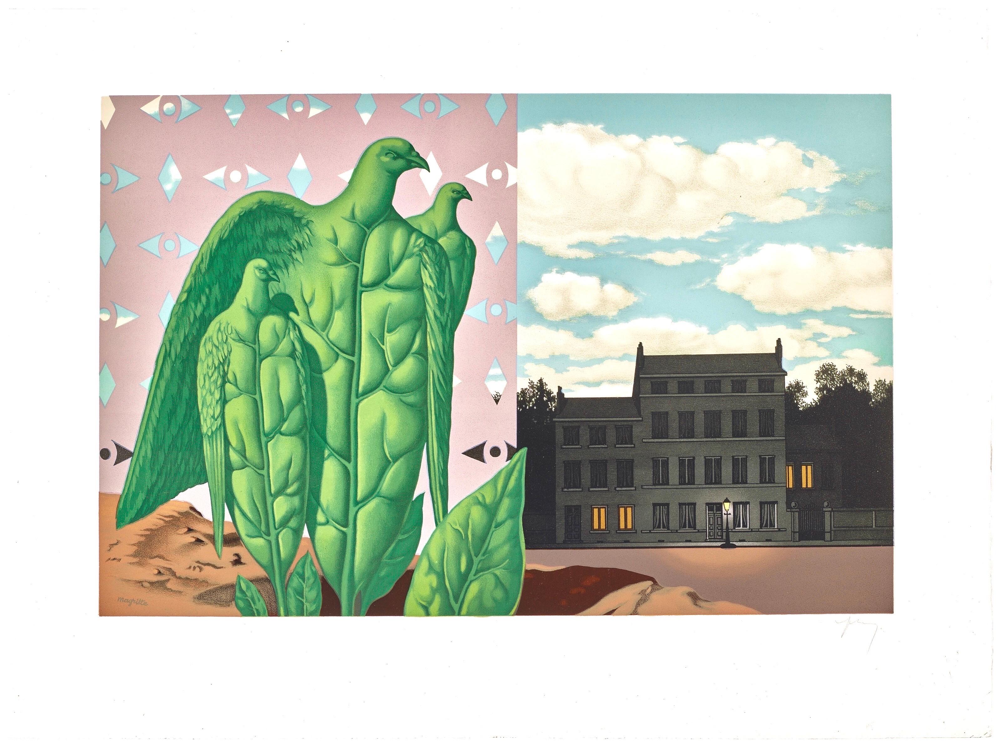 This exquisite lithograph after Rene Magritte (1898–1967), titled Les Grands Oiseaux sont Ceux de LIle au Tresor (The Great Birds are Those of Treasure Island), from the folio Les Enfants Trouves de Magritte (The Found Children of Magritte), 1968,