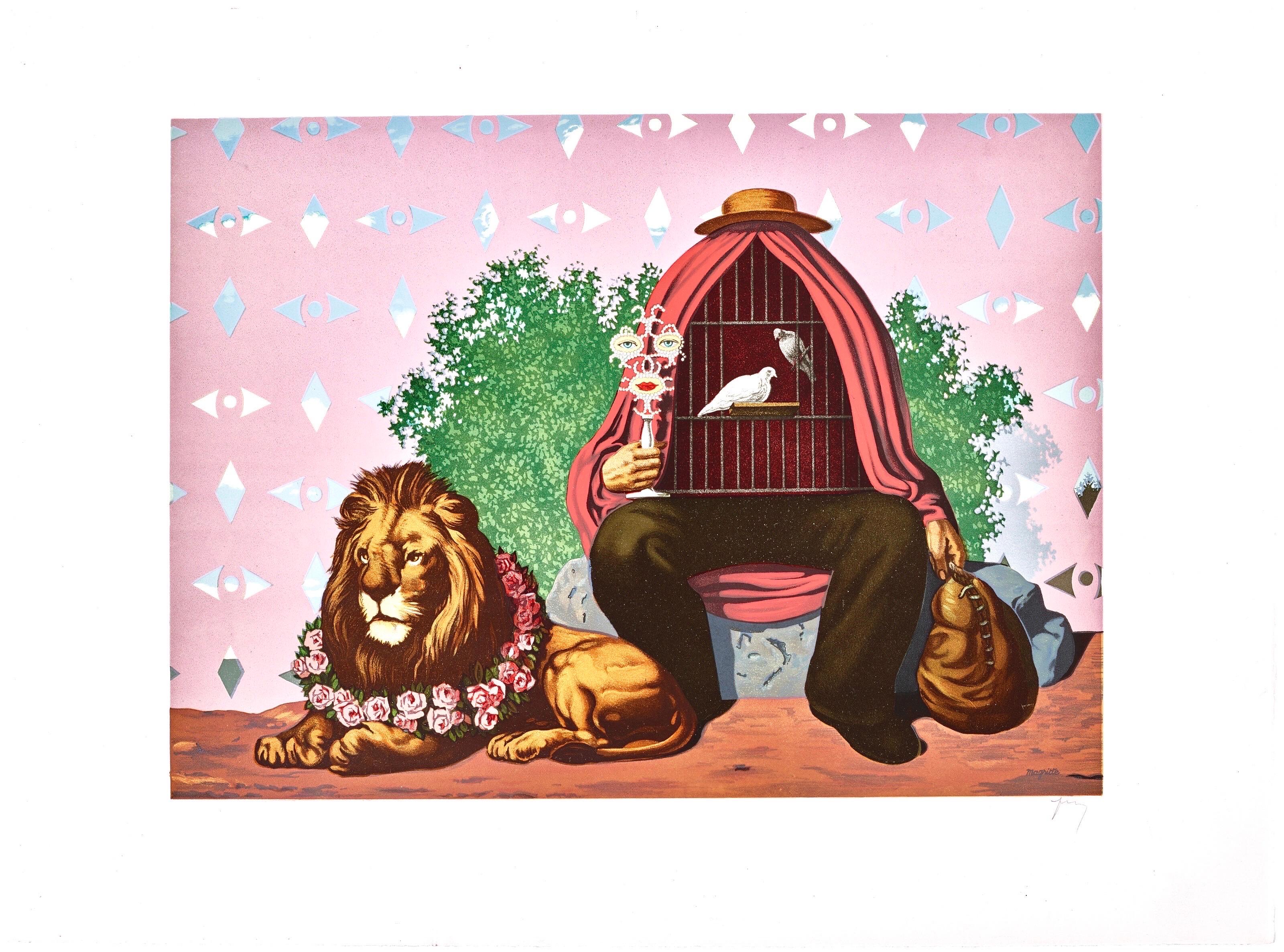 This exquisite lithograph after Rene Magritte (1898–1967), titled Deux Tourterelles, dans la Chaude Penombre de Leur Maison (Two Turtledoves, in the Warm Penumbra of Their Home), from the folio Les Enfants Trouves de Magritte (The Found Children of