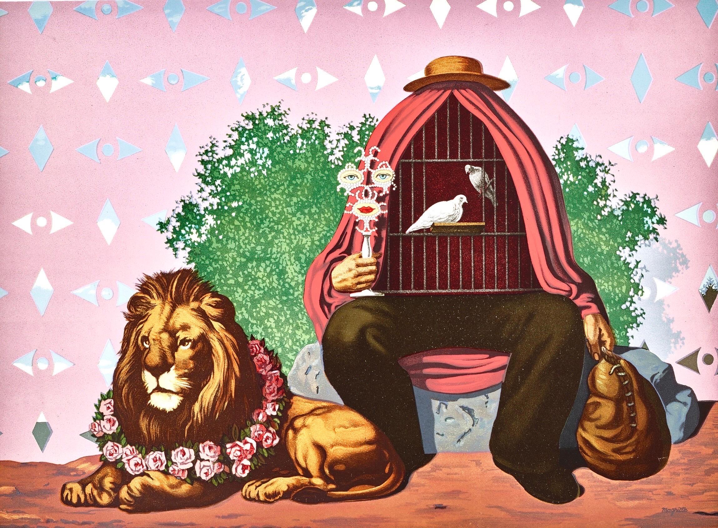 René Magritte Figurative Print - Rene Magritte, Two Turtledoves, in the Warm Penumbra of Their Home, 1968 (after)