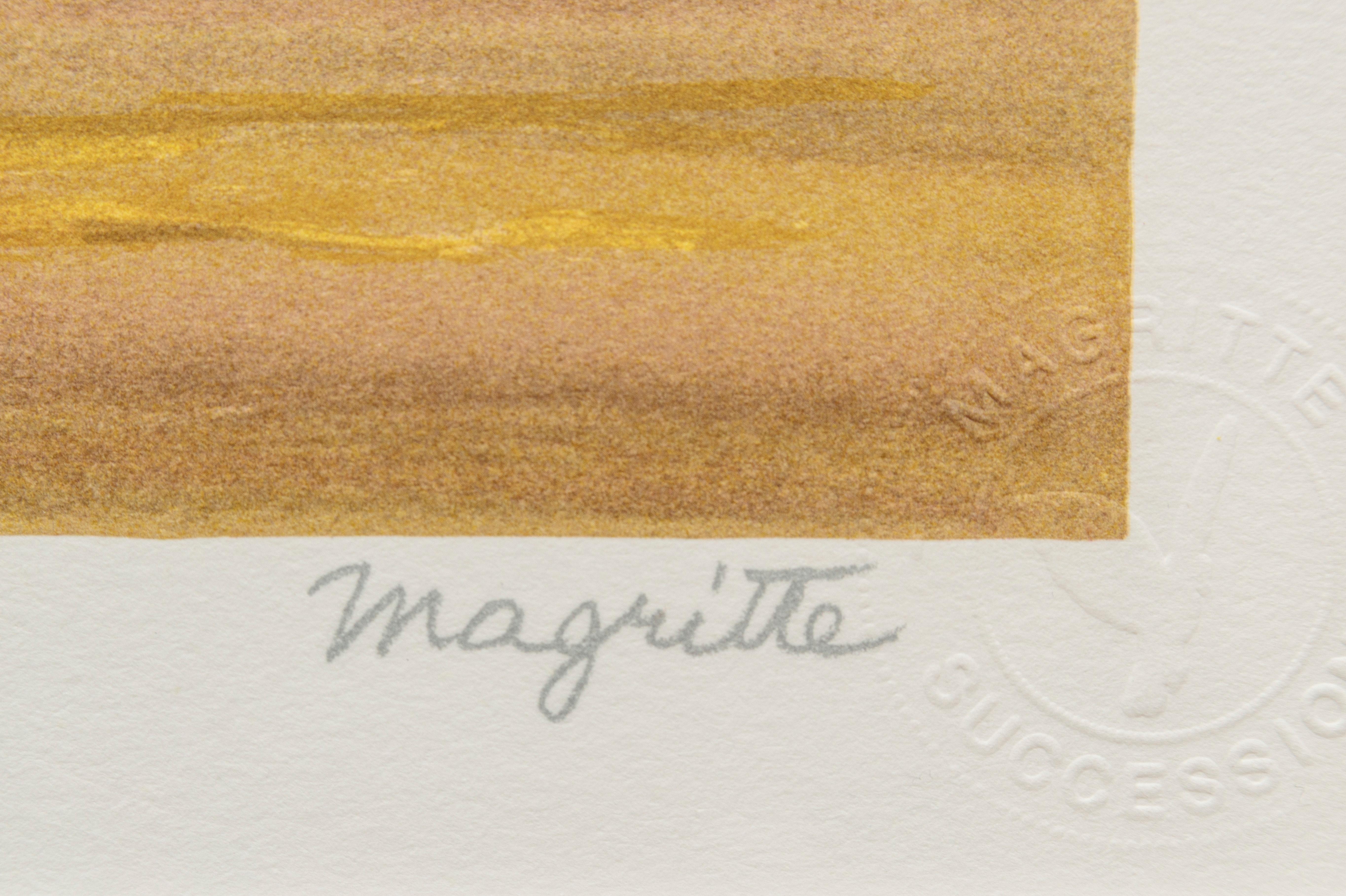 Image size: 18.25 x 15 in

Paper size: 23.63 x 17.07 in

Frame size: 32.38 x 29.13 in 

Color lithograph after the 1961 gouache on paper by René Magritte, plate-signed by Magritte and numbered from the edition of 275. 

The lithograph features the