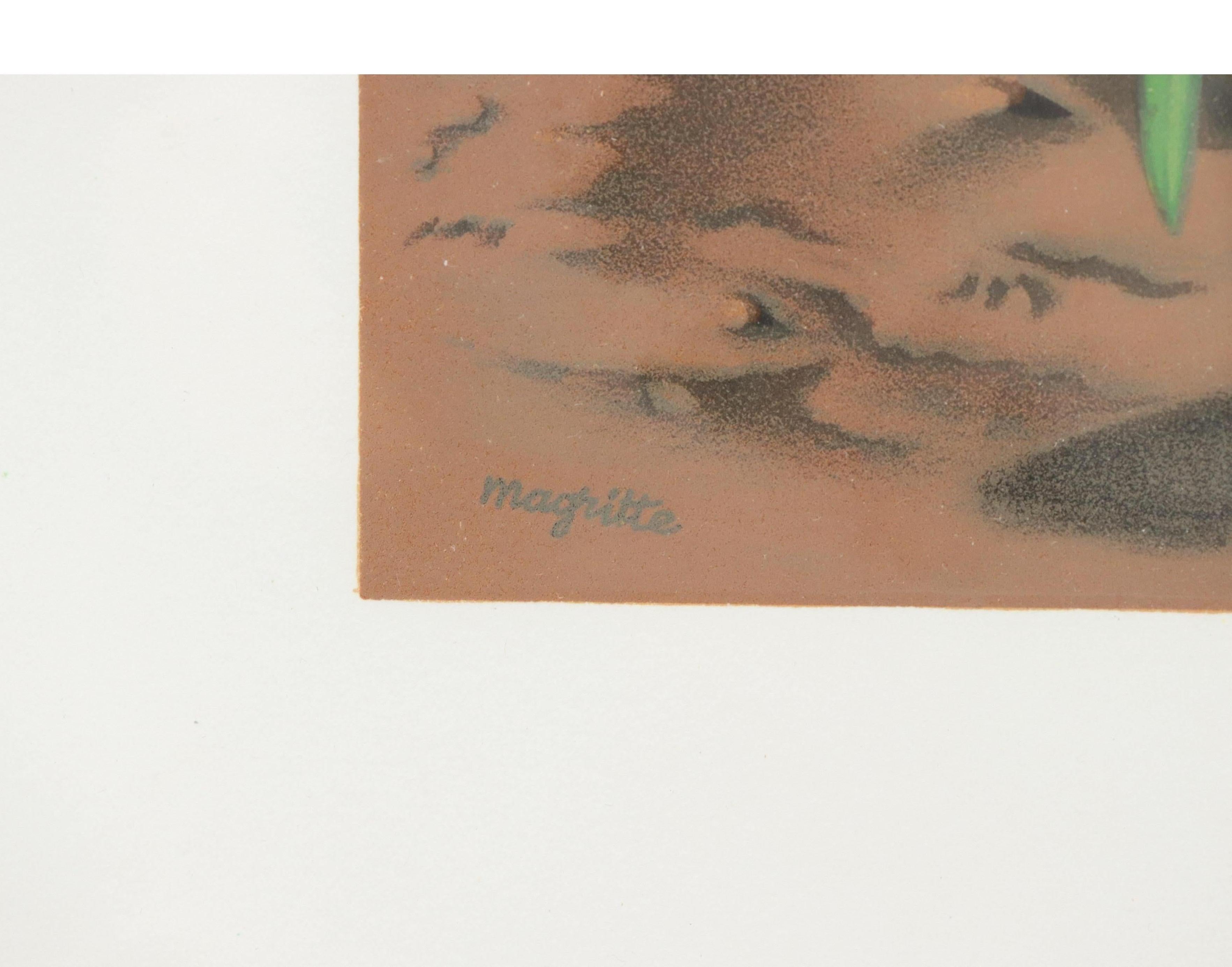 Surrealist Dream Lithograph Belgian Master Magritte Pencil Signed by Mourlot - Beige Landscape Print by René Magritte