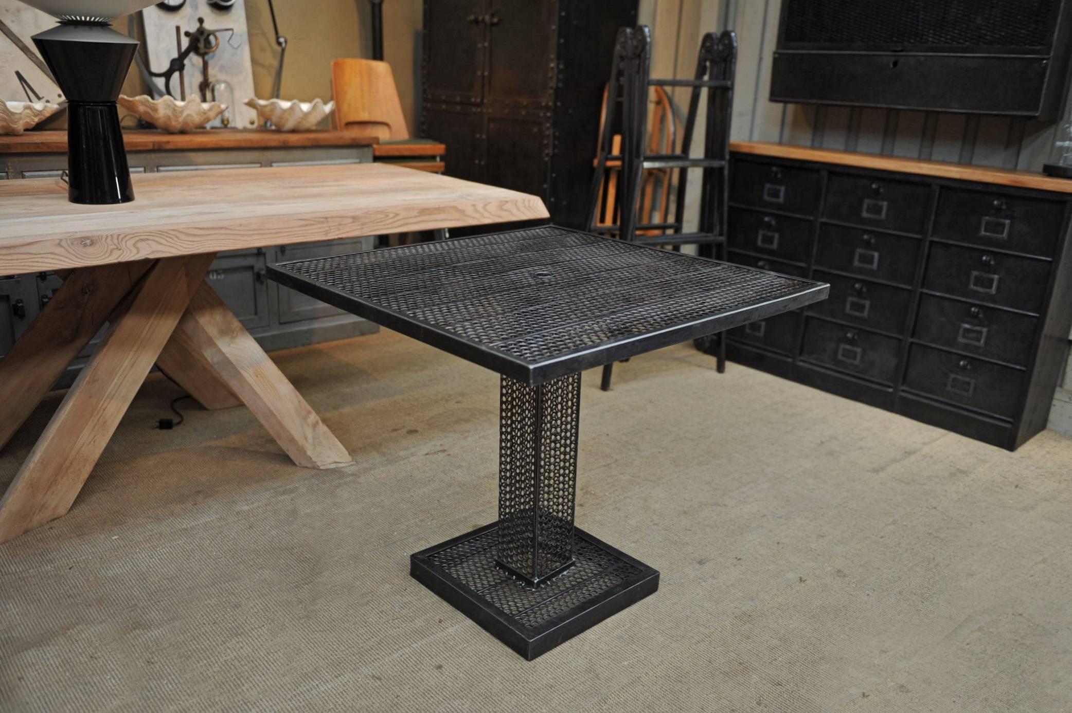 French René Malaval Iron Perforated Square Table, circa 1960