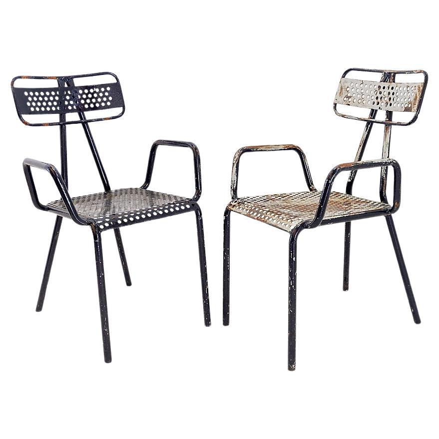 Rene Malaval 'Radar' Metal Mid-Century French Garden Chairs Set of 2 For Sale