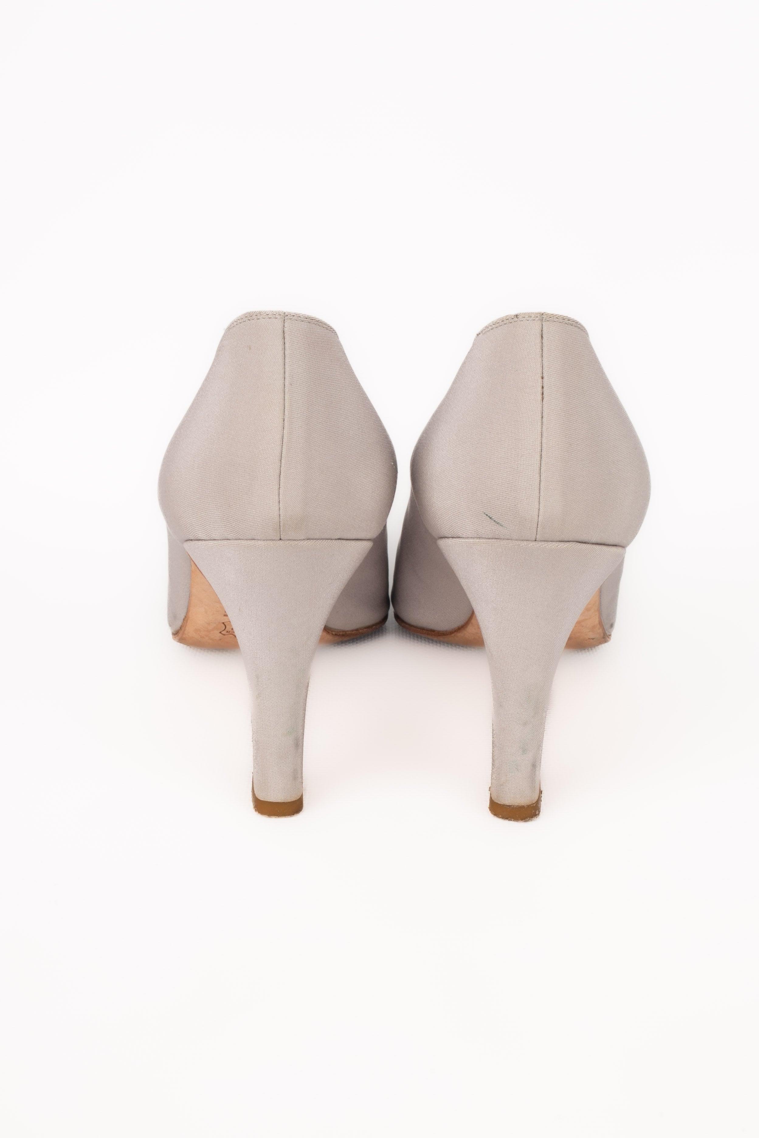 Beige René Mancini Silk, Lace, and Leather Stilettoes / Shoes For Sale