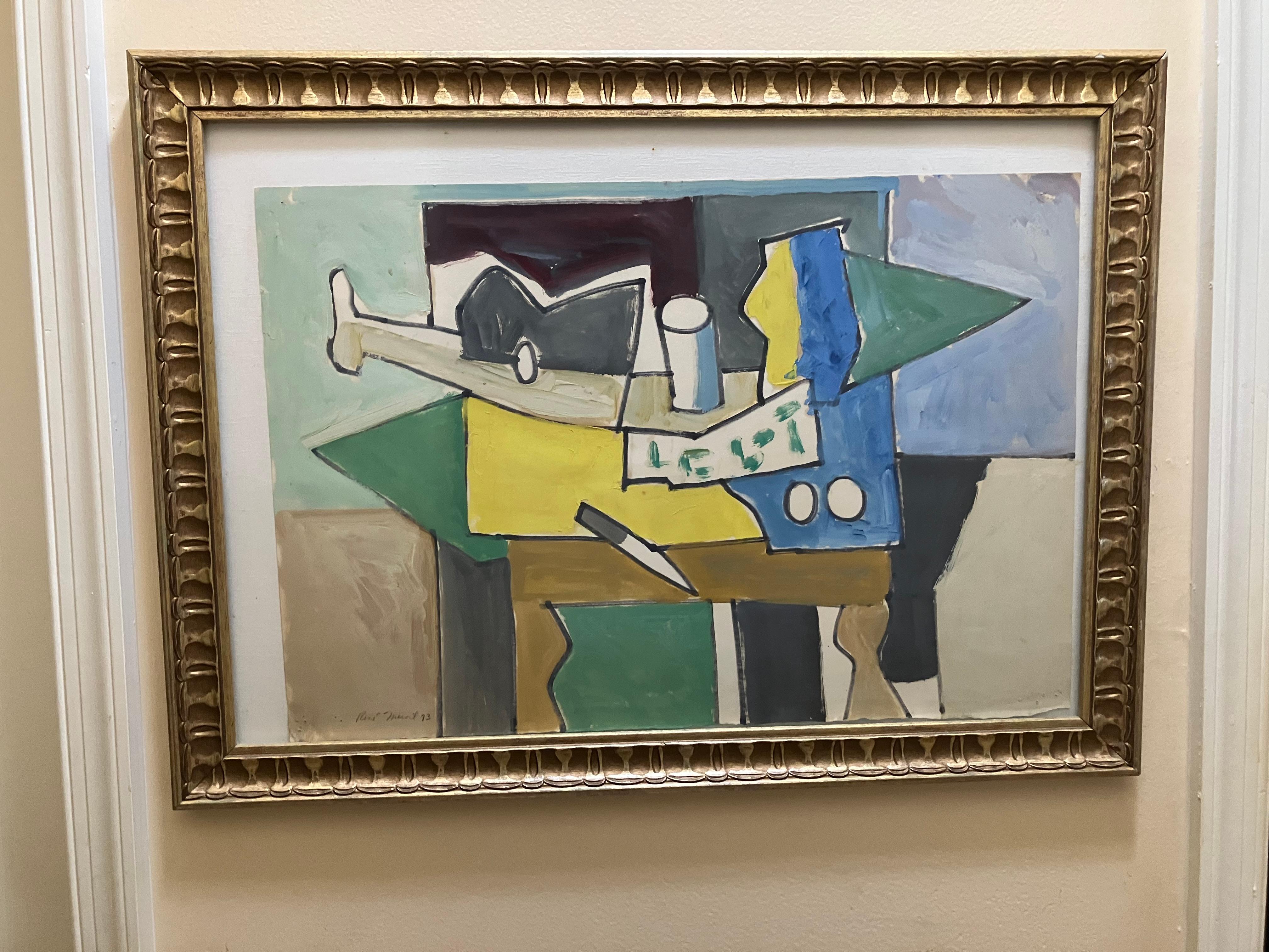 Rene Marcil Cubist Still Life - Brown Still-Life Painting by René Marcil