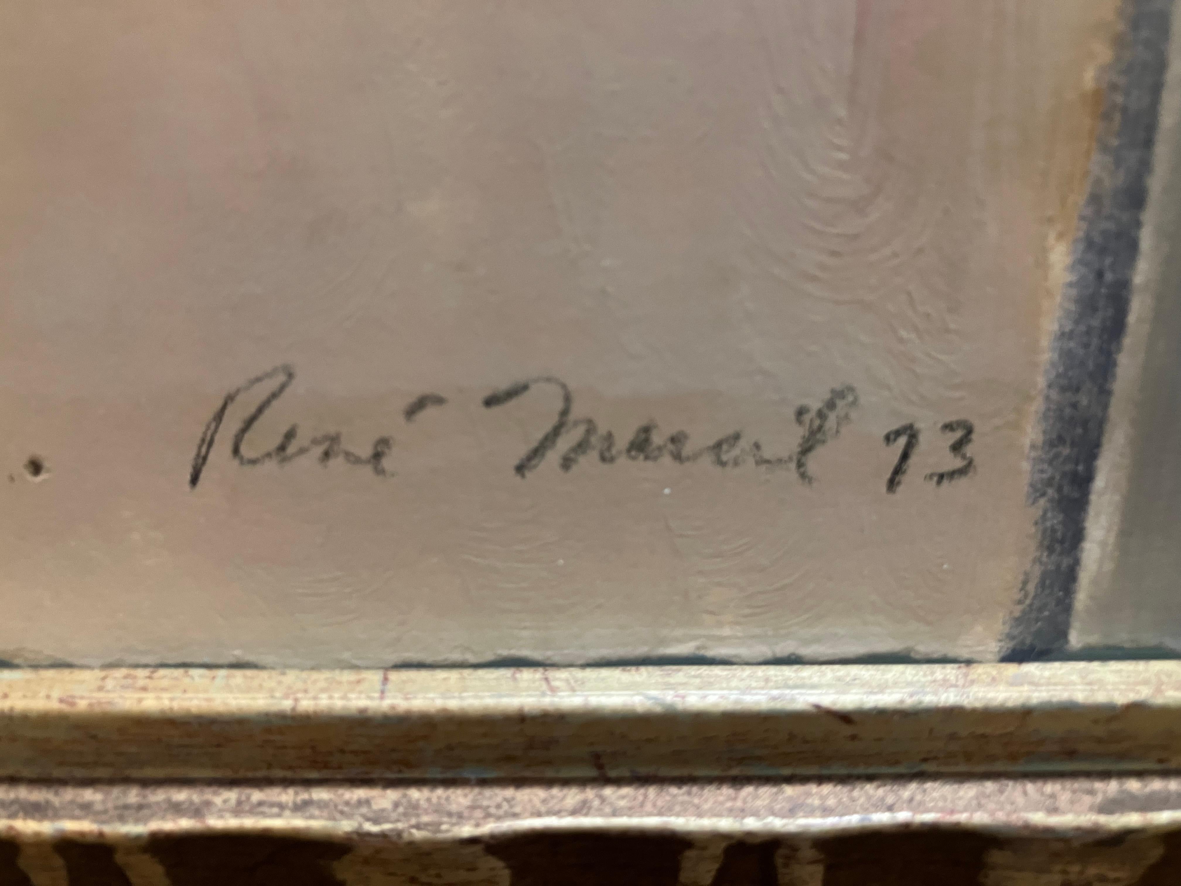 Rene Marcil: 1917-1993. Artista canadese molto quotato che ha registrato record d'asta fino a 100.000 dollari. Questo favoloso dipinto a olio fresco di mercato si trova su una tavola sottile o su una carta spessa, è difficile da distinguere. Questa