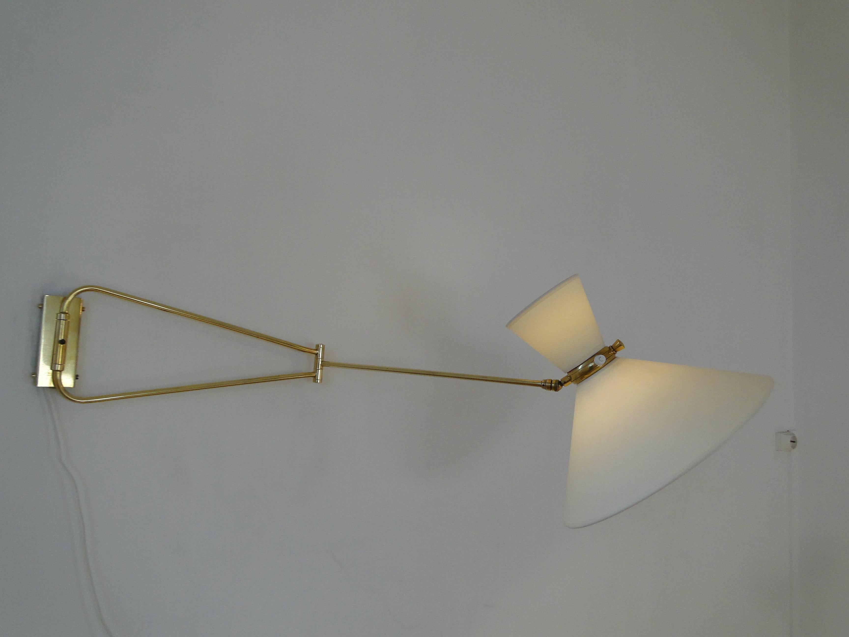 Rene Mathieu Large Vintage Brass Double Arms Adjustable Diabolo Wall Lamp France 4