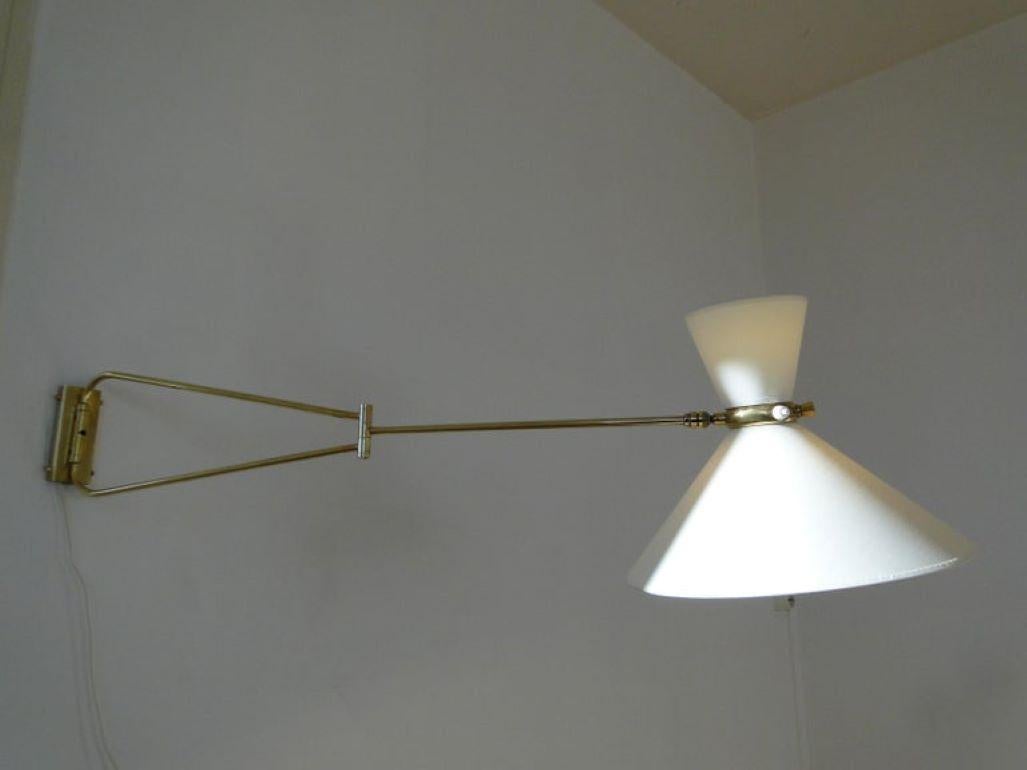 Mid-Century Modern Rene Mathieu Large Vintage Brass Double Arms Adjustable Diabolo Wall Lamp France