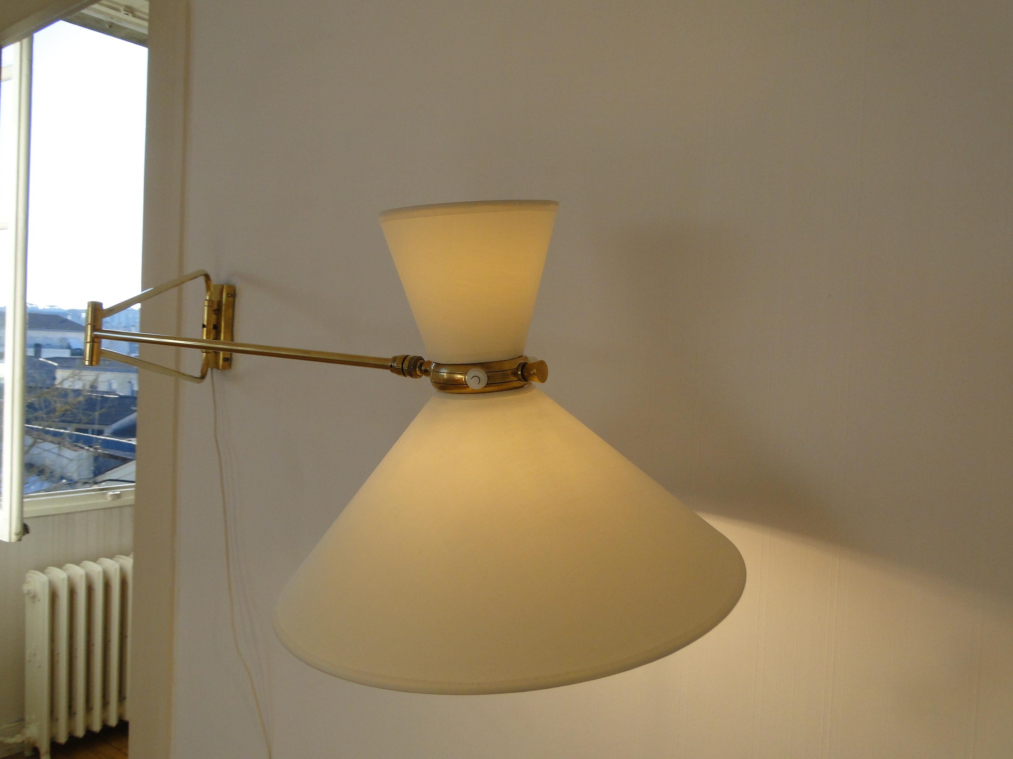 Mid-Century Modern Rene Mathieu Large Vintage Brass Double Arms Adjustable Diabolo Wall Lamp France