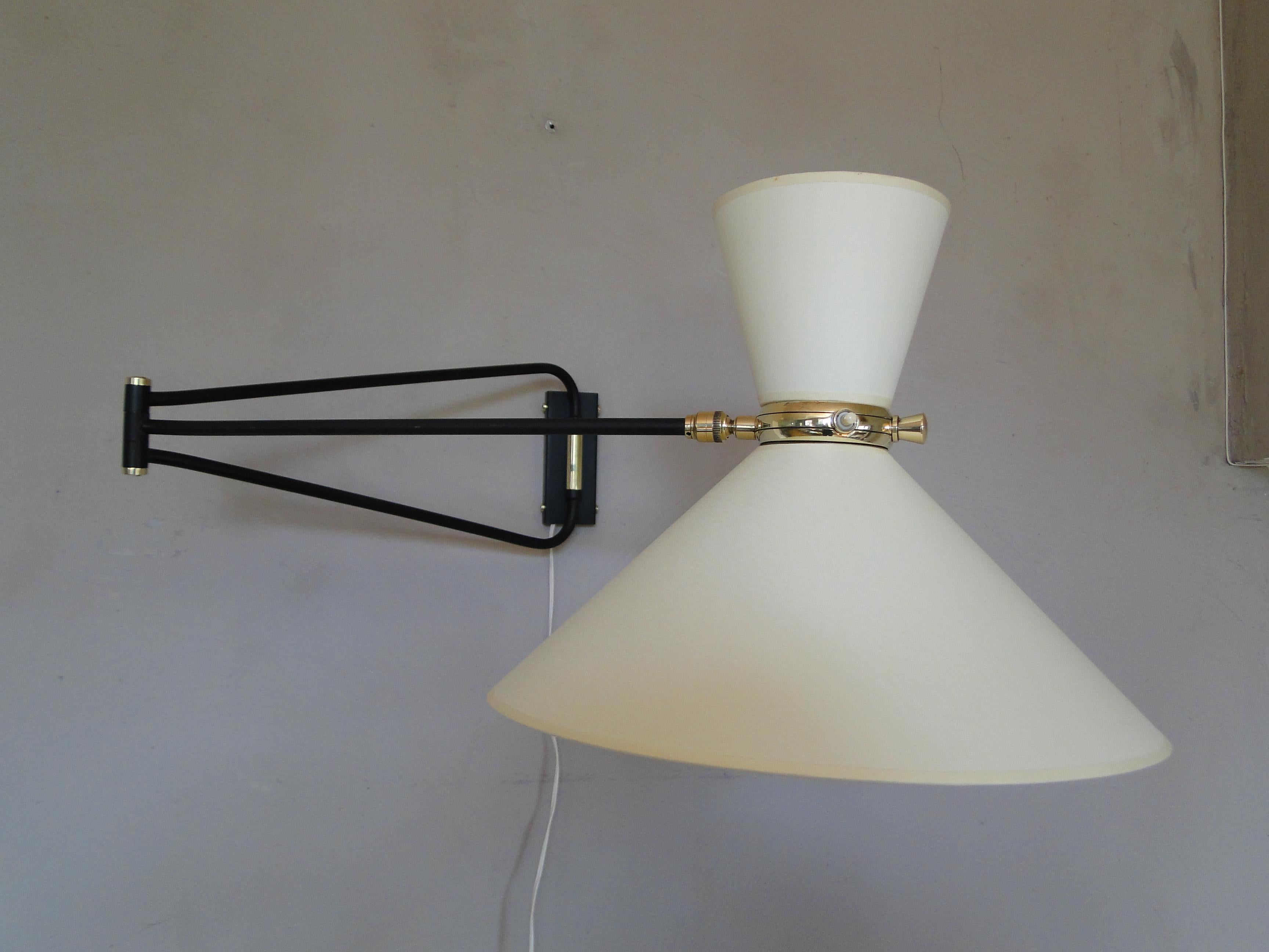 Rene Mathieu Lunel Arlus Vintage Brass 2 Arms Adjustable Diabolo Wall Lamp Paris In Good Condition For Sale In Lège Cap Ferret, FR