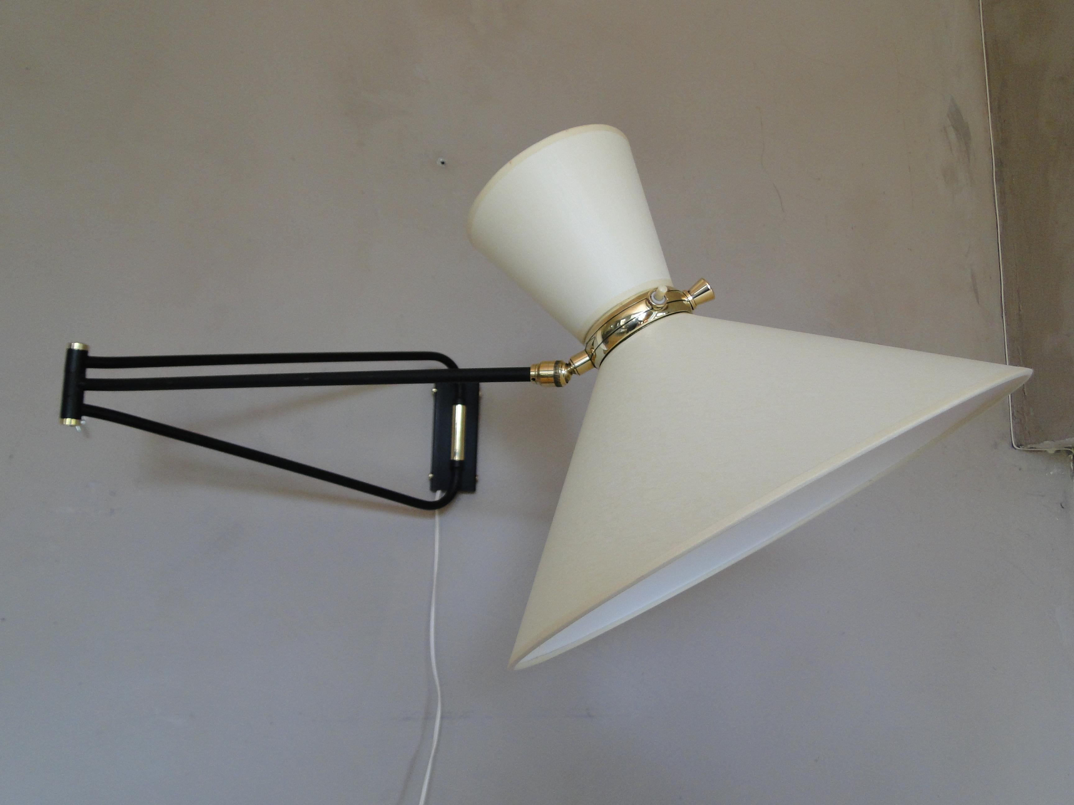 20th Century Rene Mathieu Lunel Arlus Vintage Brass 2 Arms Adjustable Diabolo Wall Lamp Paris For Sale