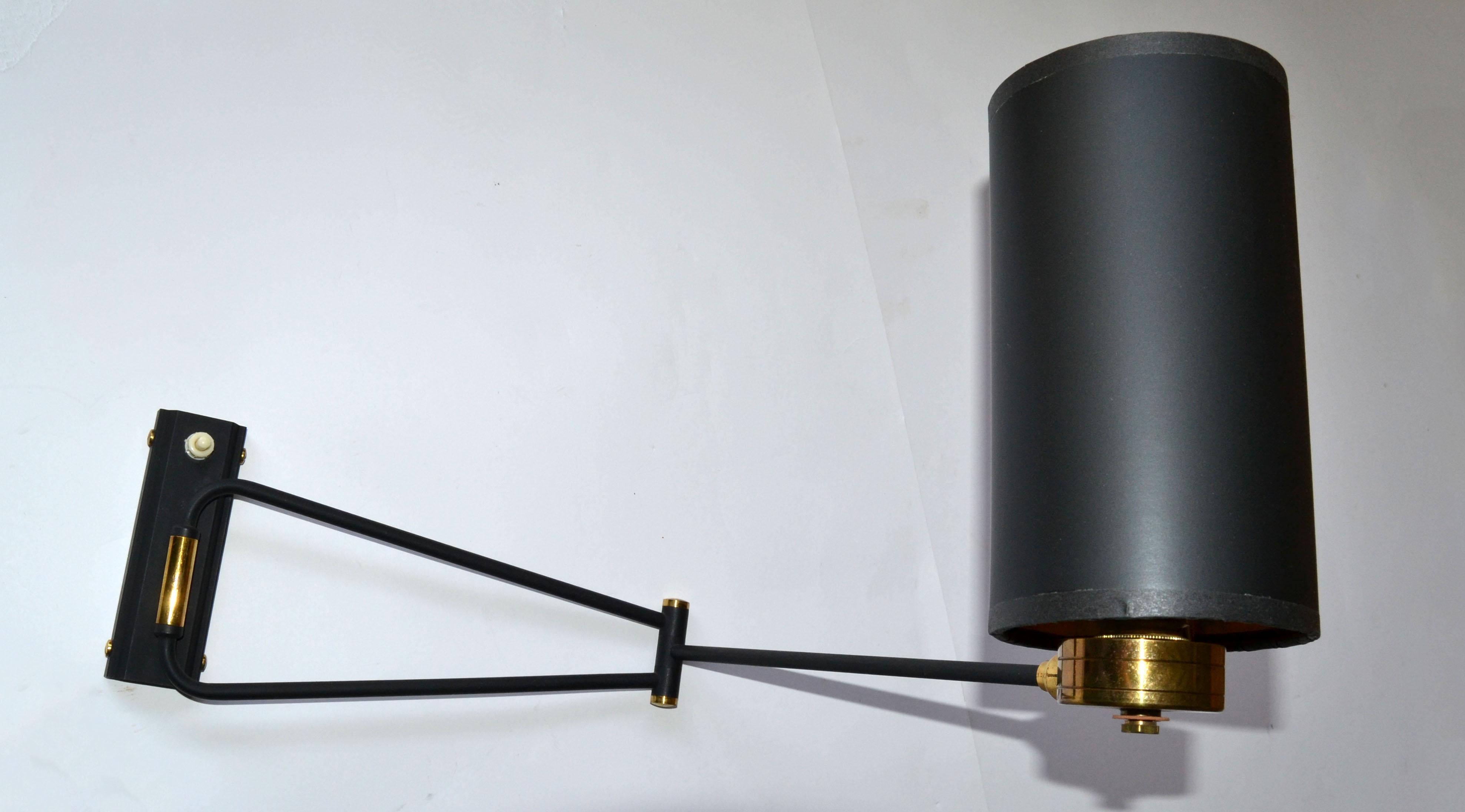Rene Mathieu Swing Arm Brass & Ebonized Steel Sconce France Mid-Century Modern In Good Condition For Sale In Miami, FL