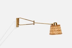 Rene Mathieu, Wall Light, Brass, Rattan, France, 1950s