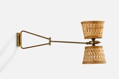 René Mathieu, Applique, laiton, rotin, France, années 1950