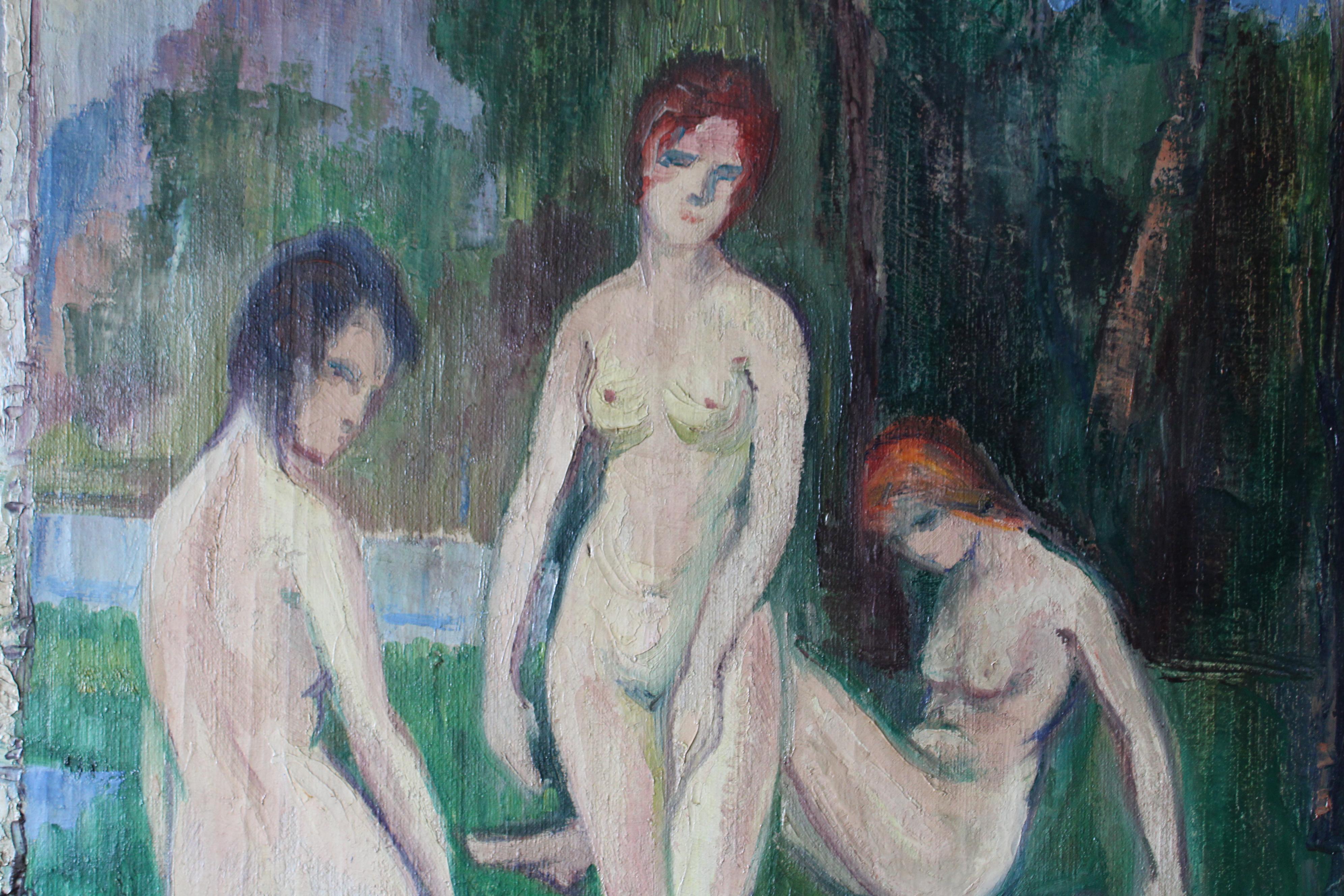 Grandi nudi in un paesaggio dipinto a olio, pittura figurativa francese 6