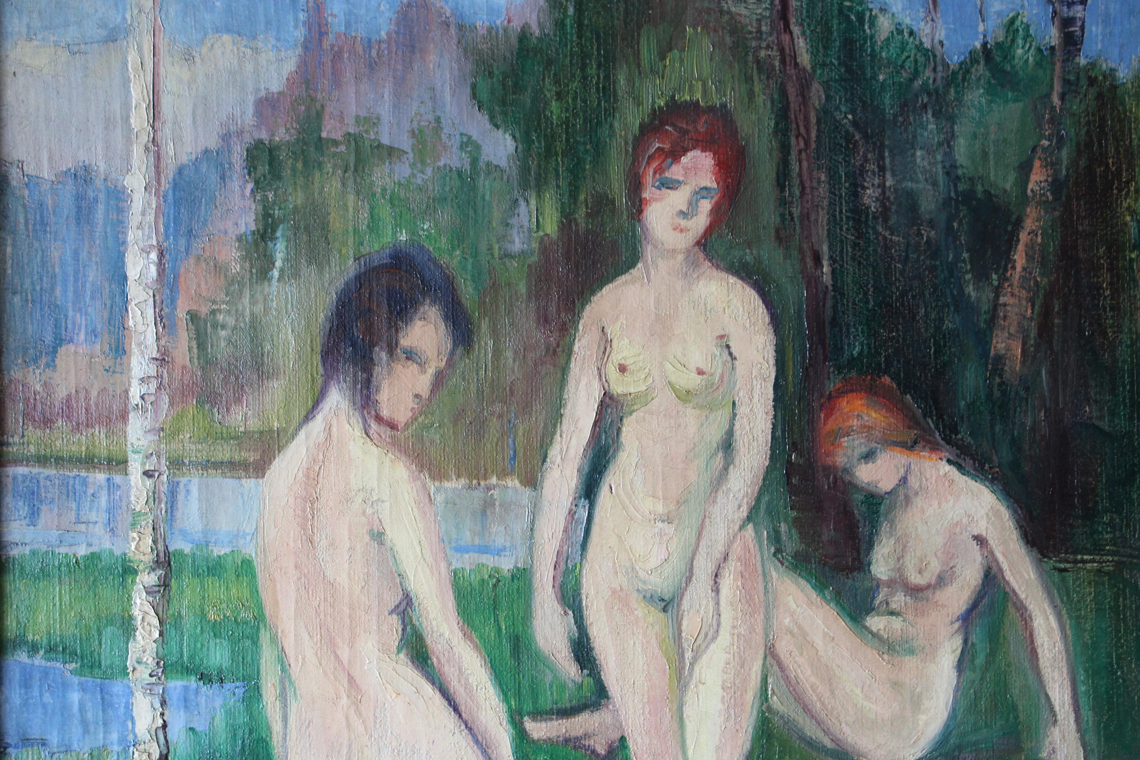 Grandi nudi in un paesaggio dipinto a olio, pittura figurativa francese - Painting di René Mendes France