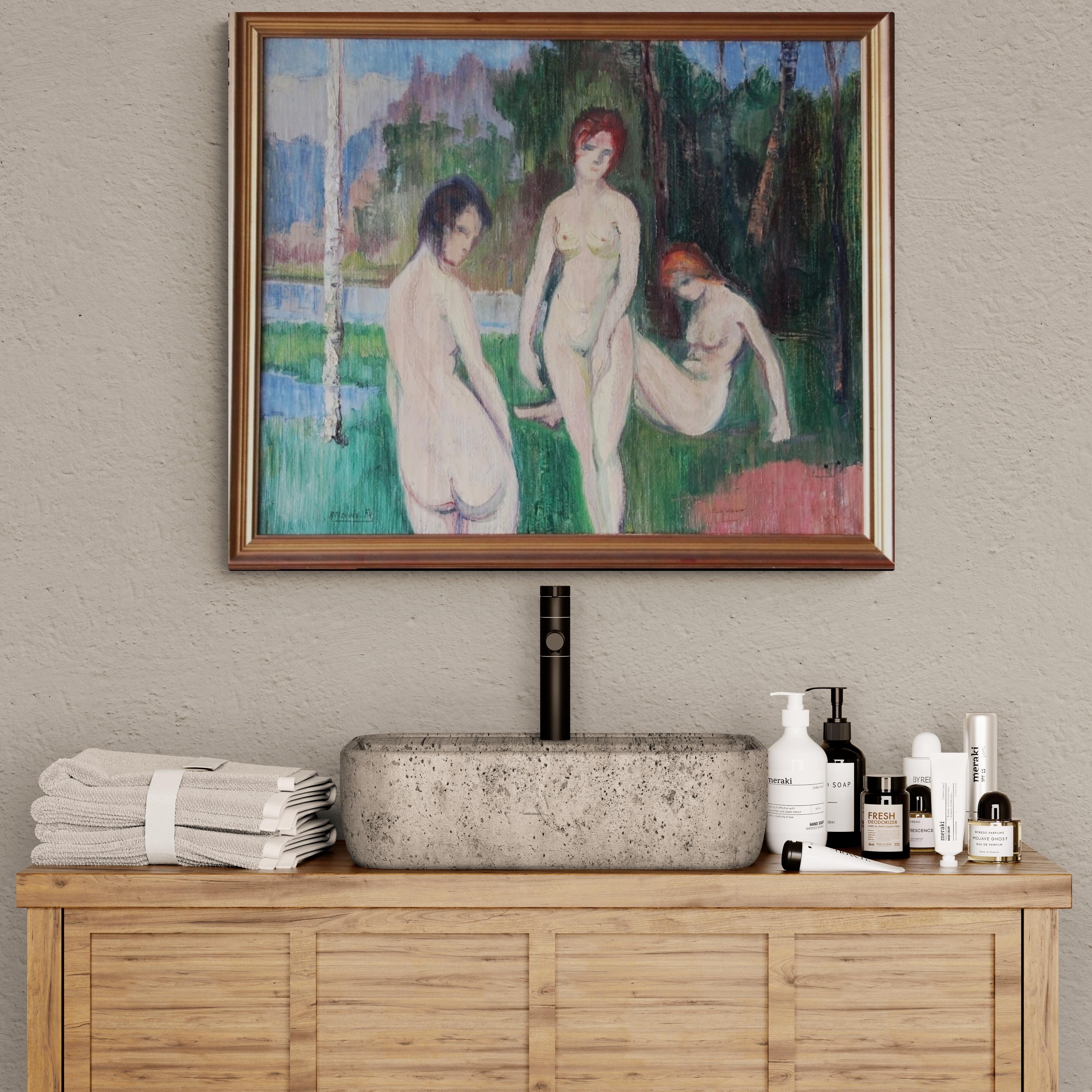Grandi nudi in un paesaggio dipinto a olio, pittura figurativa francese - Painting Art Déco di René Mendes France