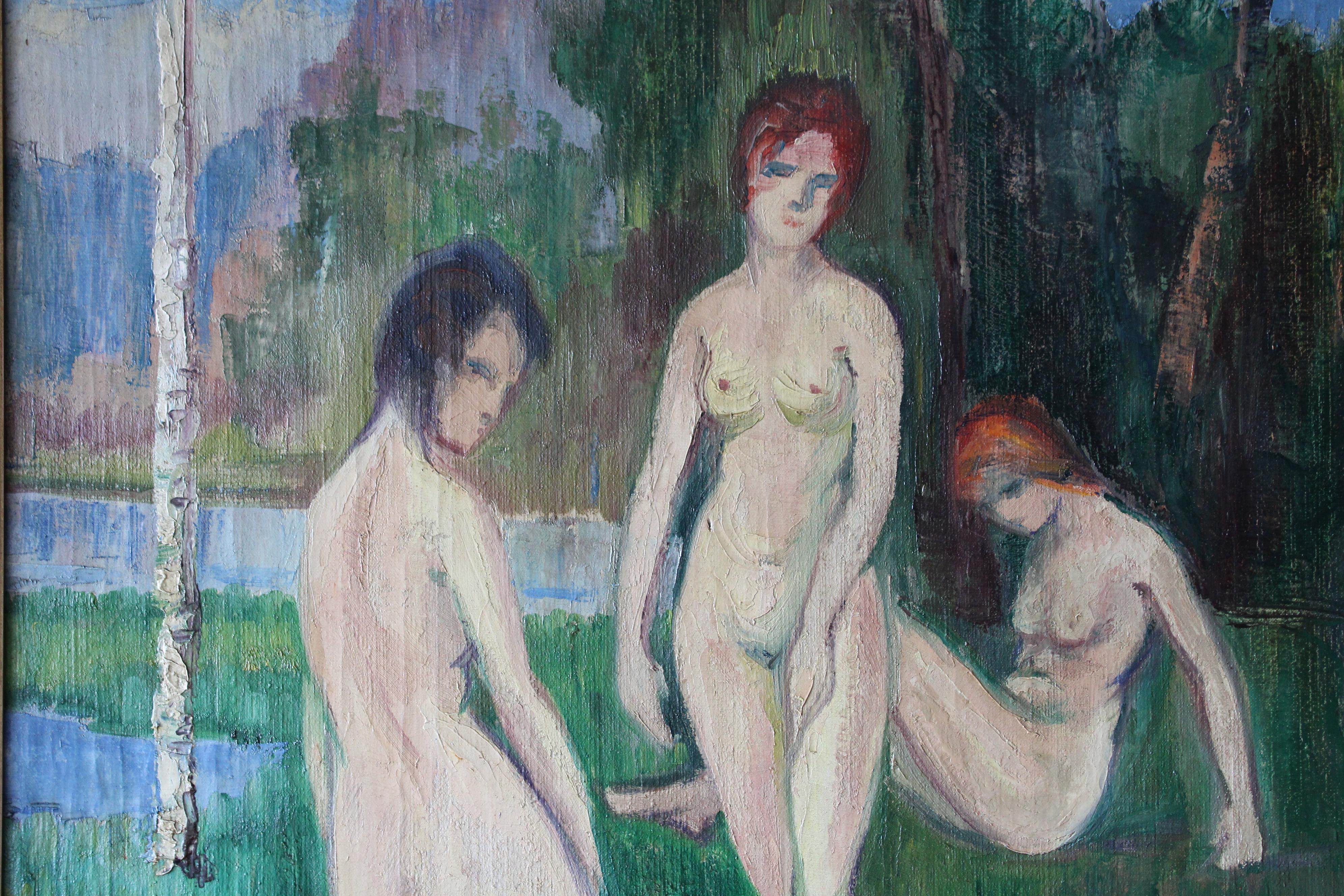 Grandi nudi in un paesaggio dipinto a olio, pittura figurativa francese 2