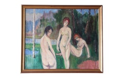 Antique Large nudes in landscape oil painting, French figurative painting