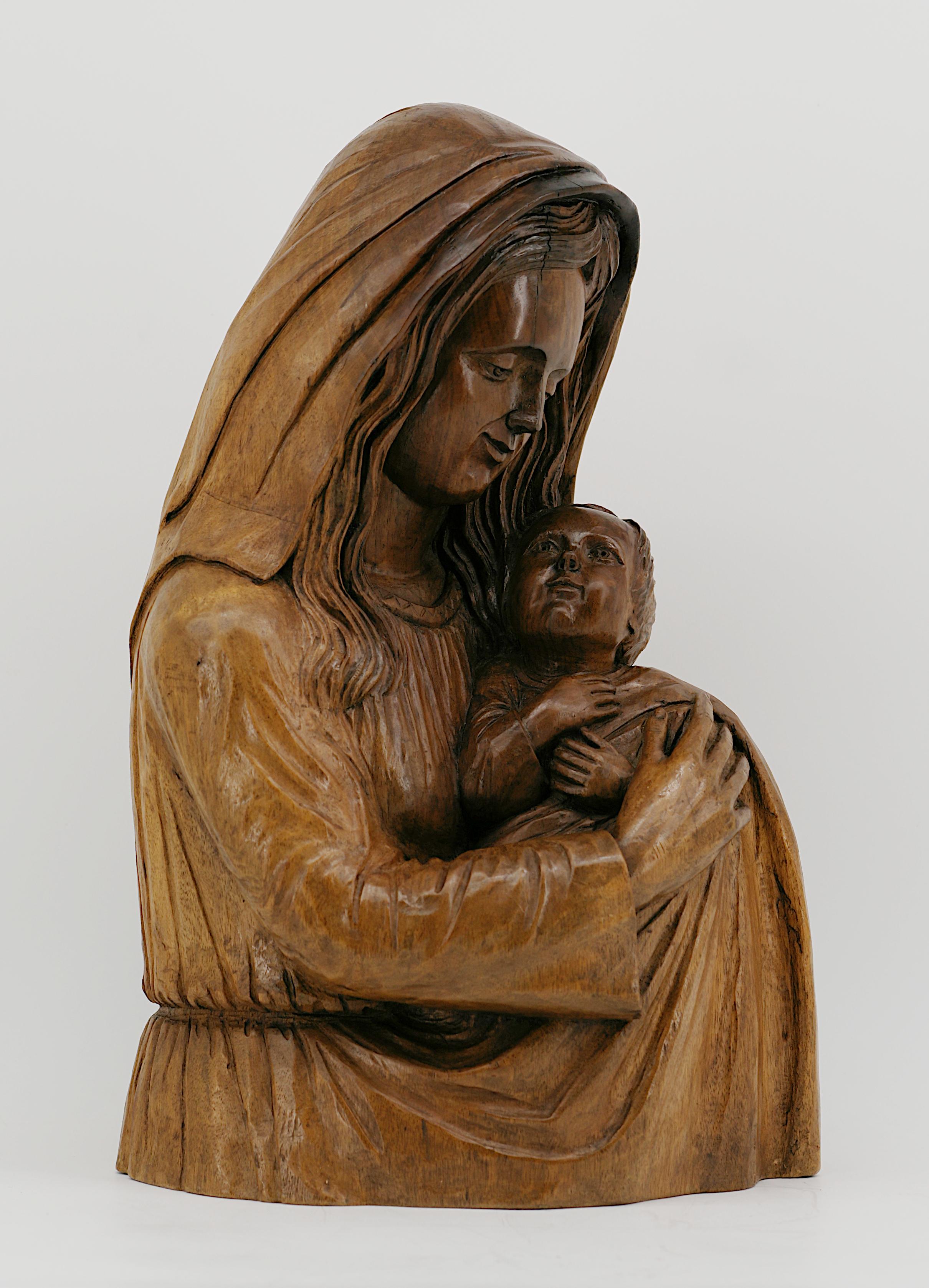 Wood Rene Mercier French Art Deco Mother & Child Sculpture, 1930s For Sale