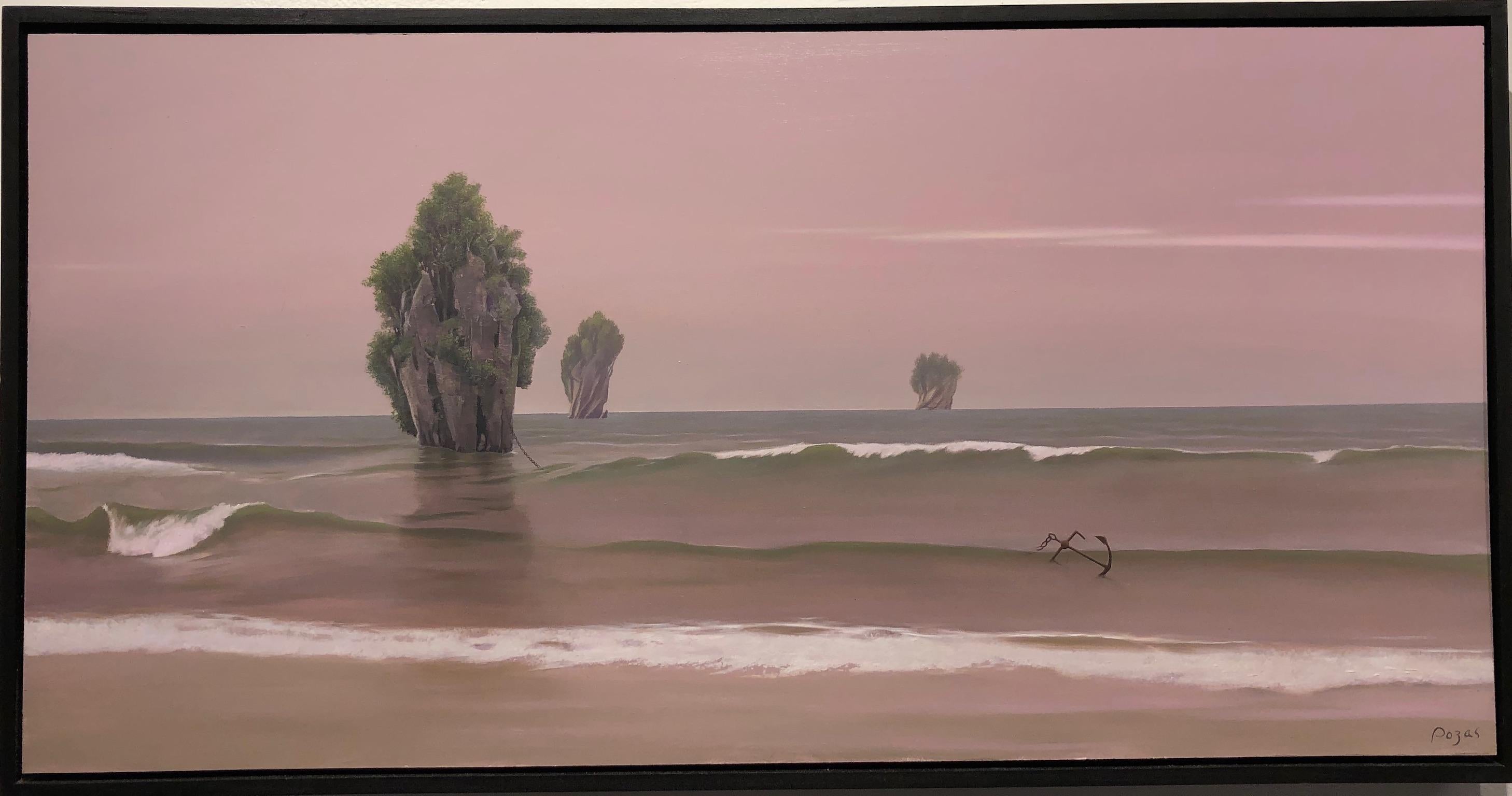 Beginning of a Dream, Surreal Ocean Landscape in Shades of Pink and Green - Painting by René Monzón Relova “Pozas”