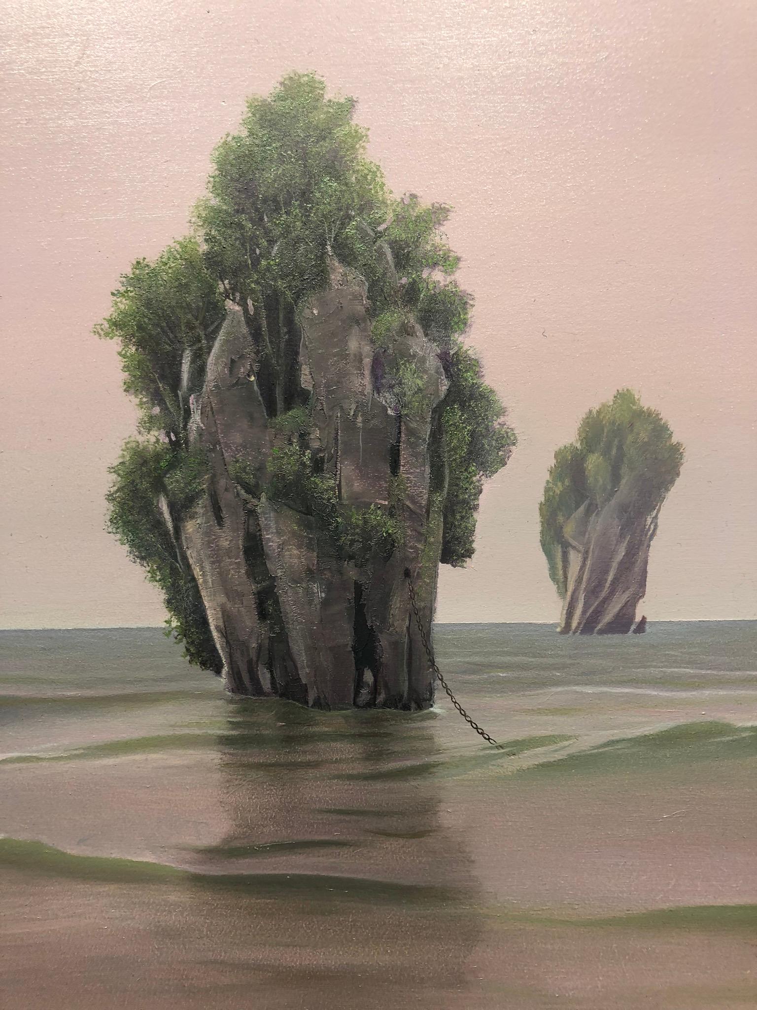 Beginning of a Dream, Surreal Ocean Landscape in Shades of Pink and Green - Gray Landscape Painting by René Monzón Relova “Pozas”