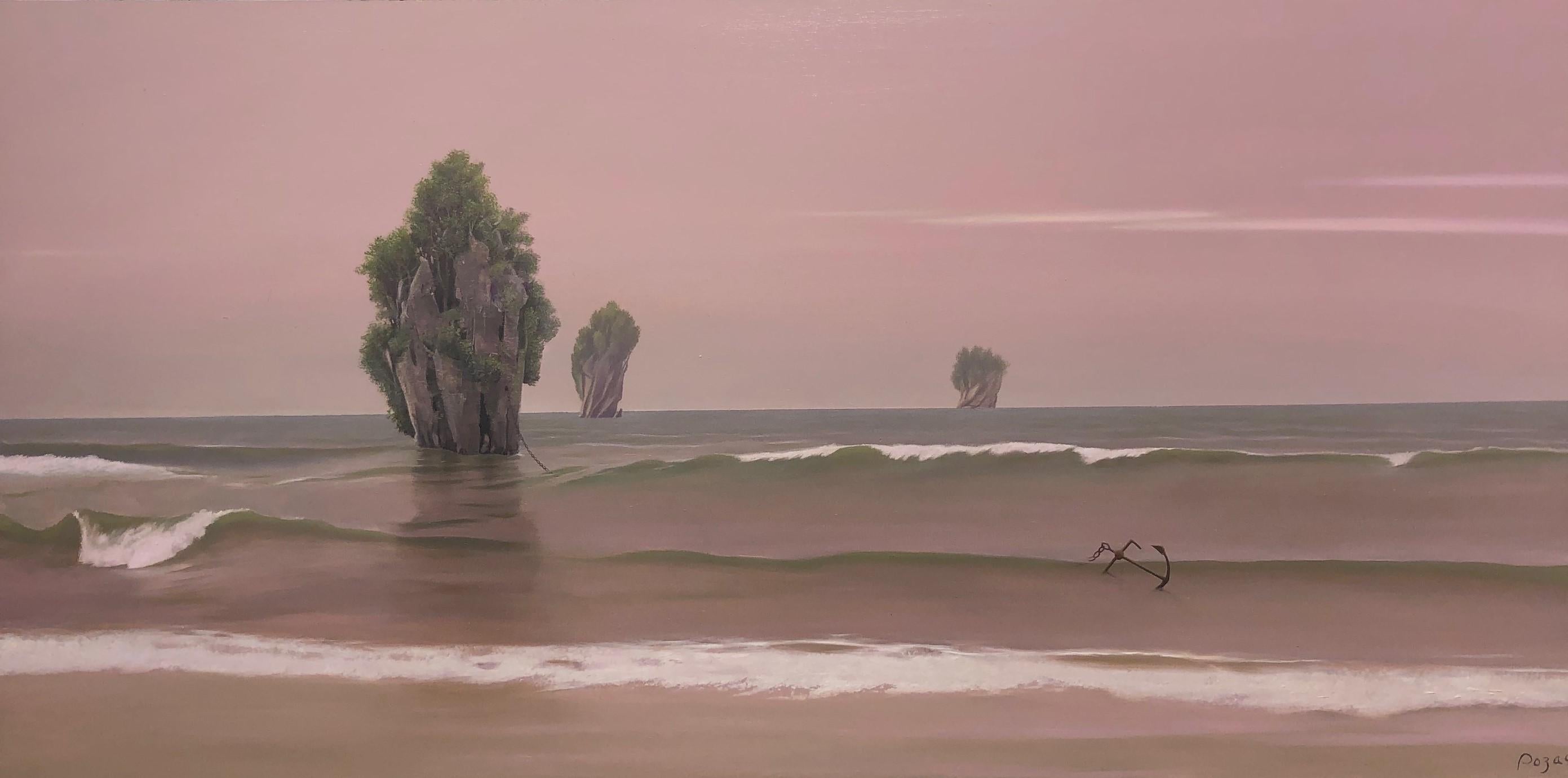 René Monzón Relova “Pozas” Landscape Painting - Beginning of a Dream, Surreal Ocean Landscape in Shades of Pink and Green