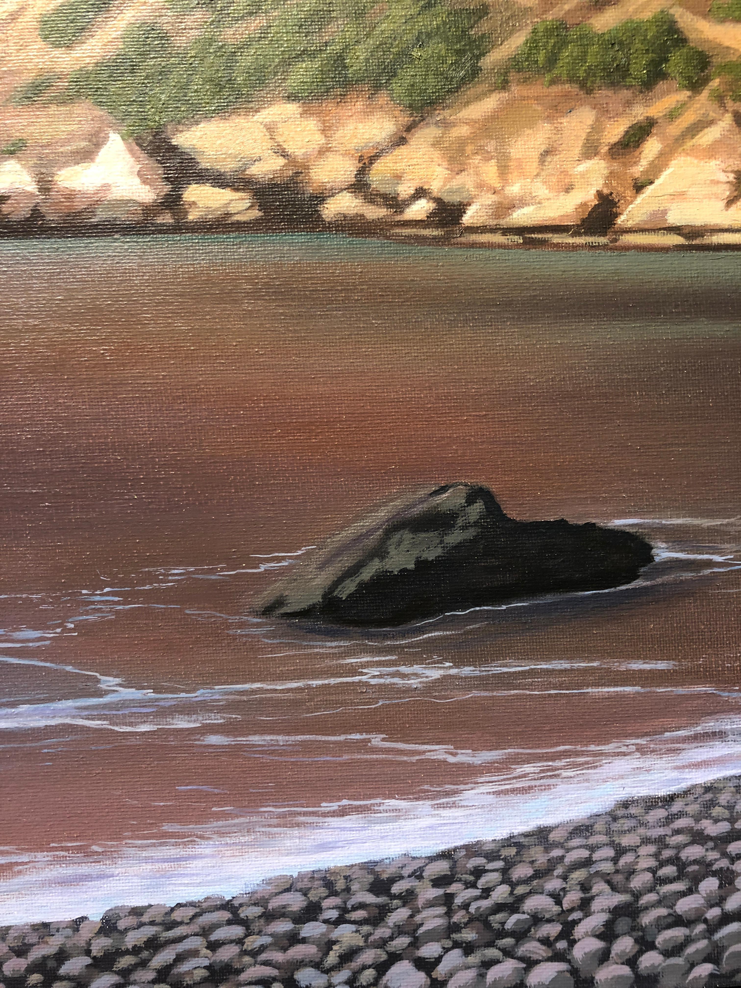  Cala Granadella, Rocky Cliffs Diving into the Ocean, Detailed Surreal Landscape - Contemporary Painting by René Monzón Relova “Pozas”