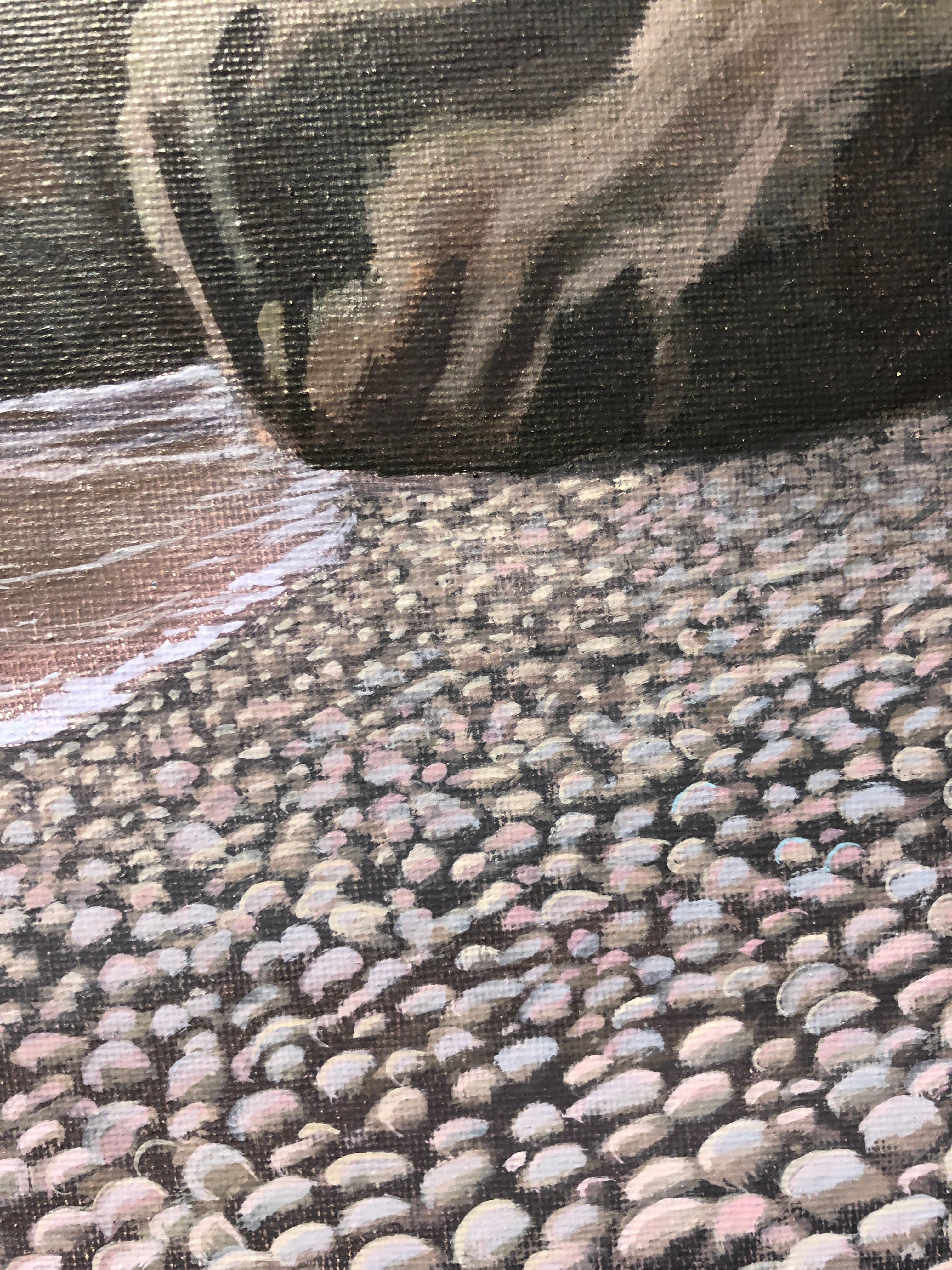  Cala Granadella, Rocky Cliffs Diving into the Ocean, Detailed Surreal Landscape - Gray Landscape Painting by René Monzón Relova “Pozas”