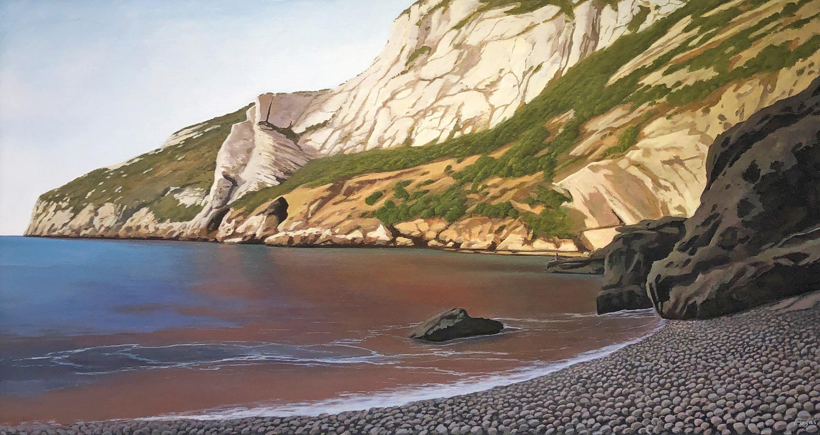 René Monzón Relova “Pozas” Landscape Painting -  Cala Granadella, Rocky Cliffs Diving into the Ocean, Detailed Surreal Landscape