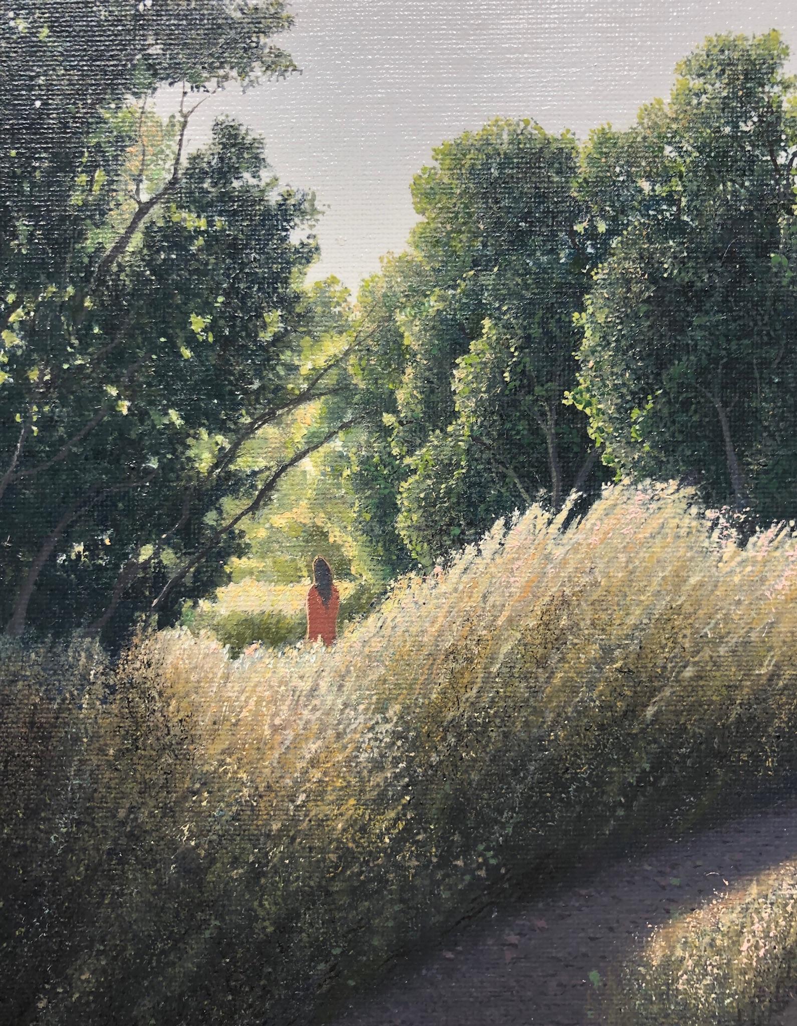 Cerca de Casa, Surreal Country Road with Hidden Figure, Oil on Panel, Framed - Contemporary Painting by René Monzón Relova “Pozas”