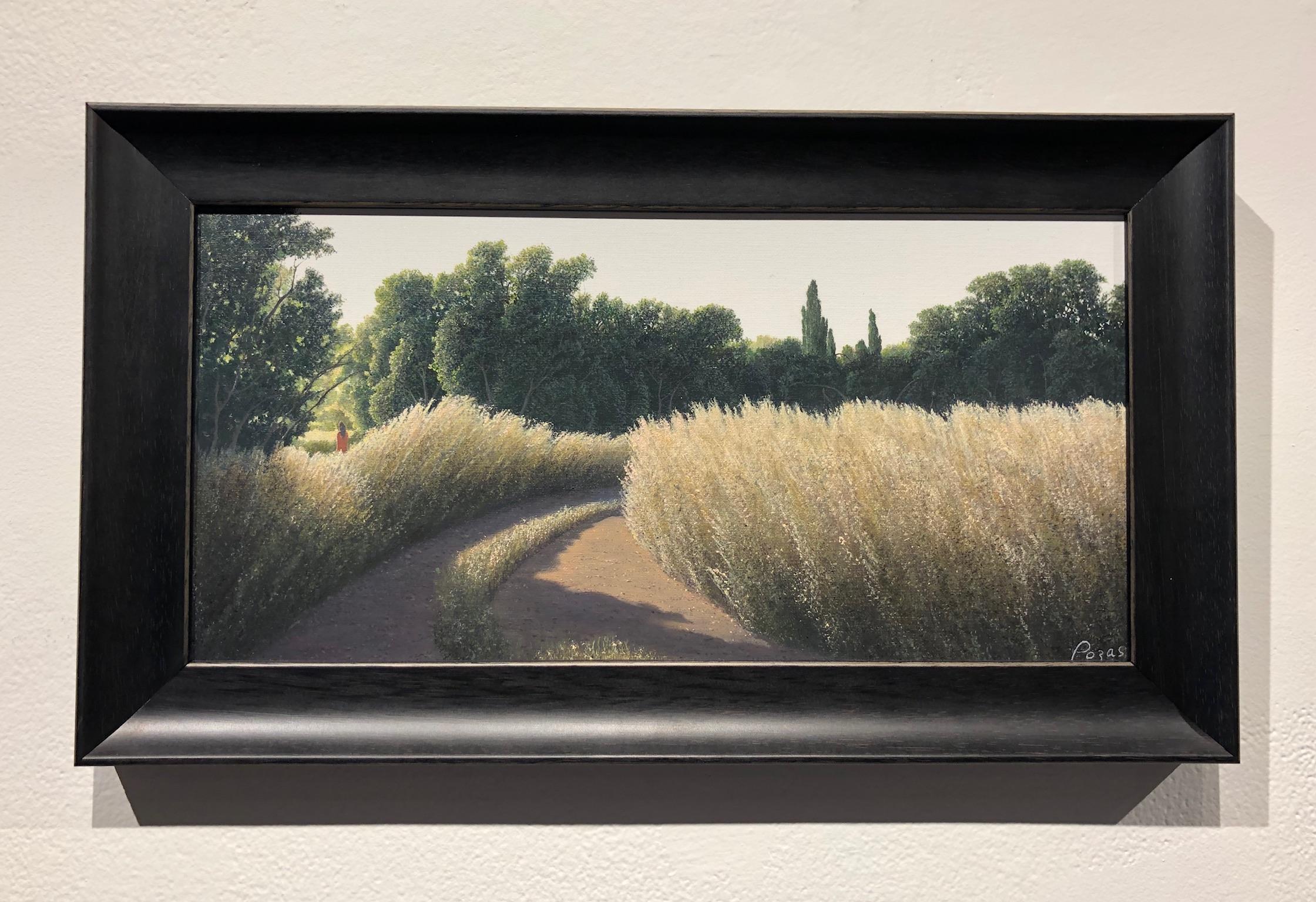 Cerca de Casa, Surreal Country Road with Hidden Figure, Oil on Panel, Framed - Black Figurative Painting by René Monzón Relova “Pozas”