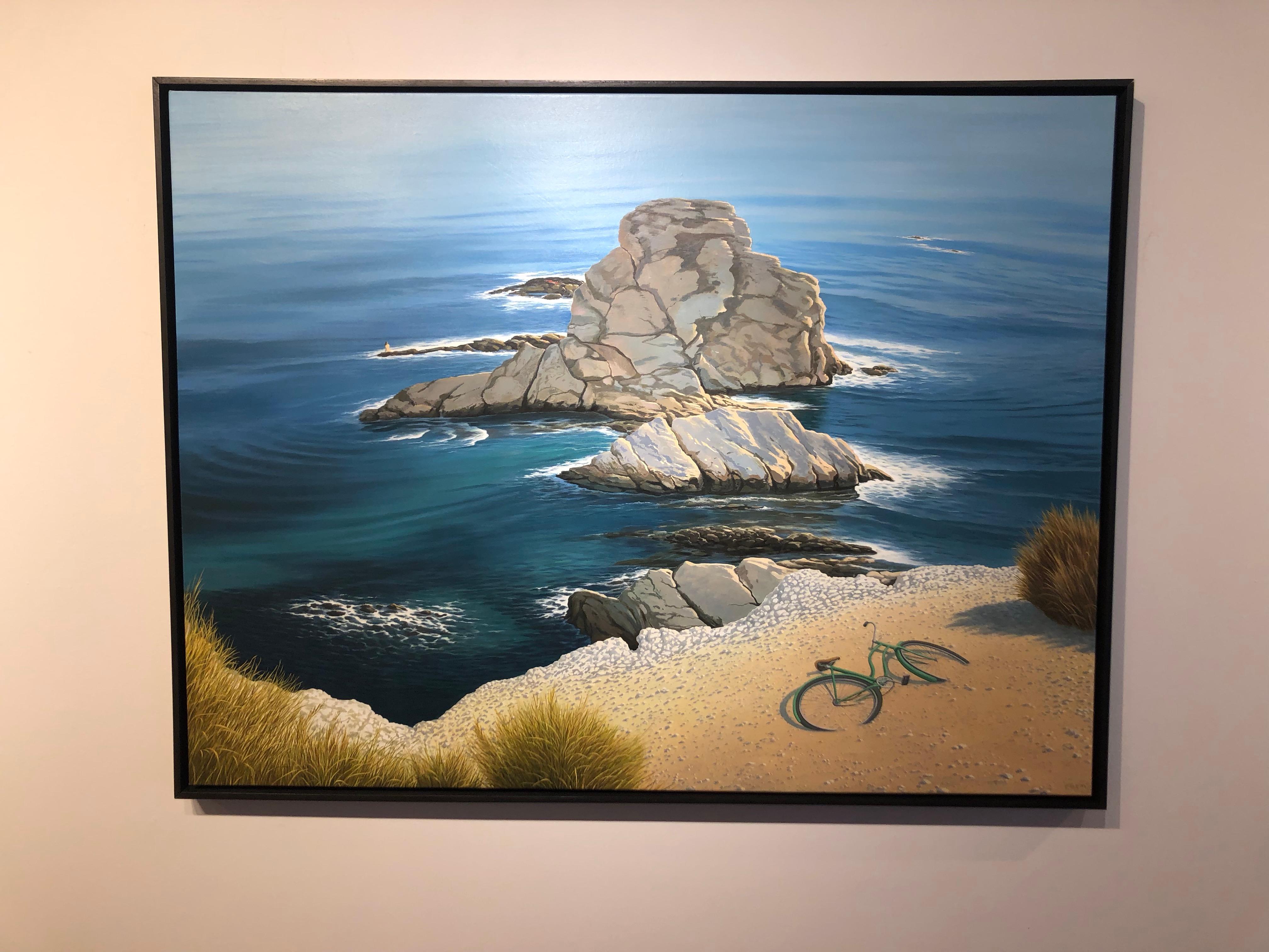 Evocation - Ocean Cliffside Scene Bathed in Warm Light and Blue Turquoise Water - Painting by René Monzón Relova “Pozas”