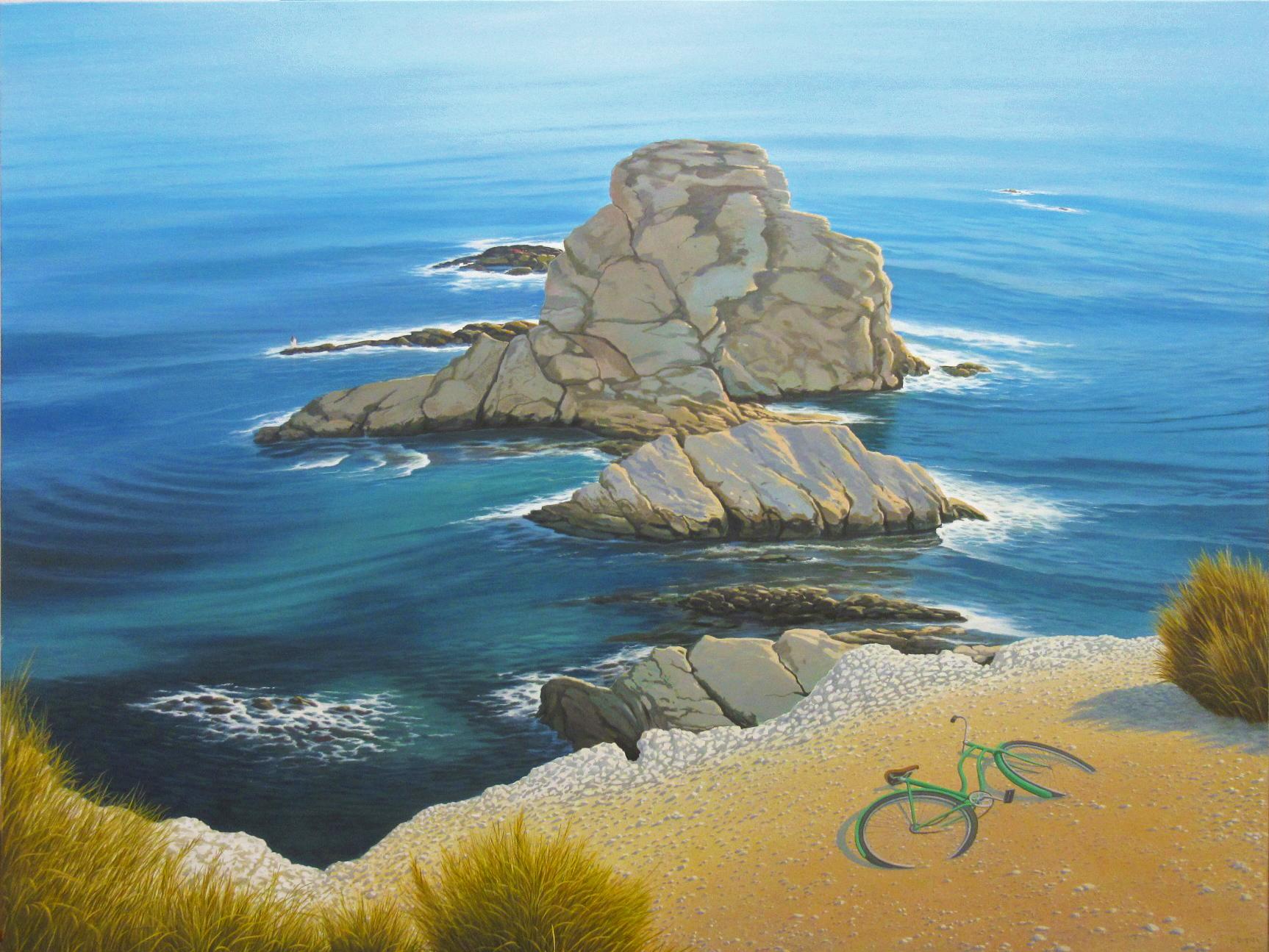 René Monzón Relova “Pozas” Figurative Painting – In Erinnerung an die Cliffside-Szene in warmem, hellem und blauem türkisfarbenem Wasser getaucht