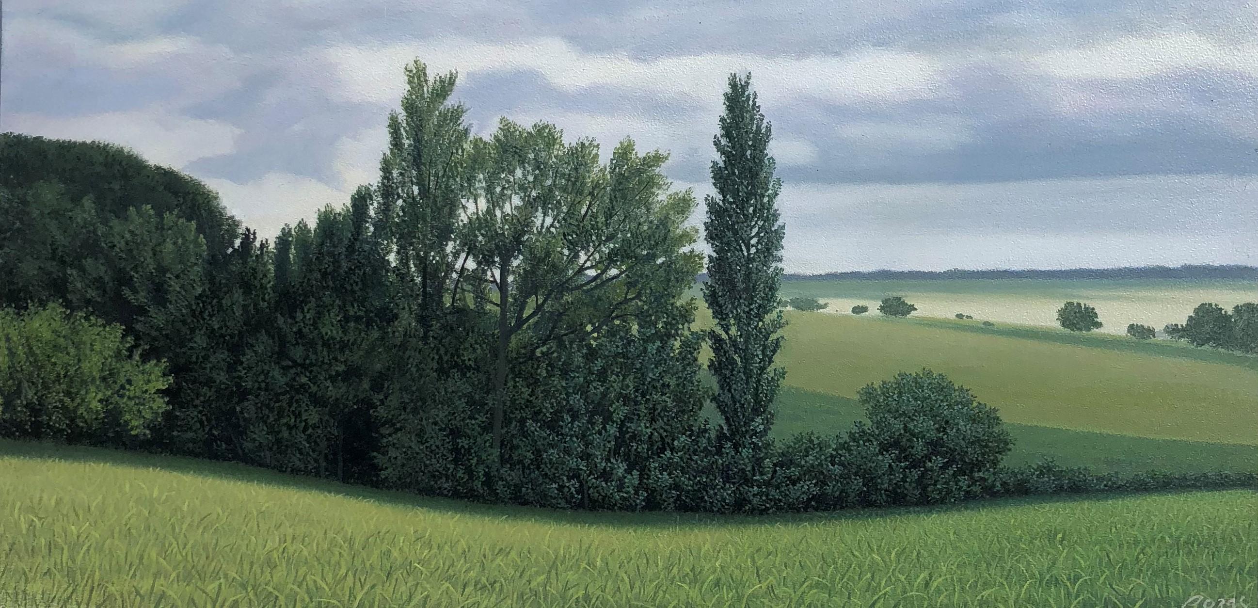René Monzón Relova “Pozas” Landscape Painting - Lajania - Small Scale Highly Detailed Painting of Green Rolling Hills and Trees