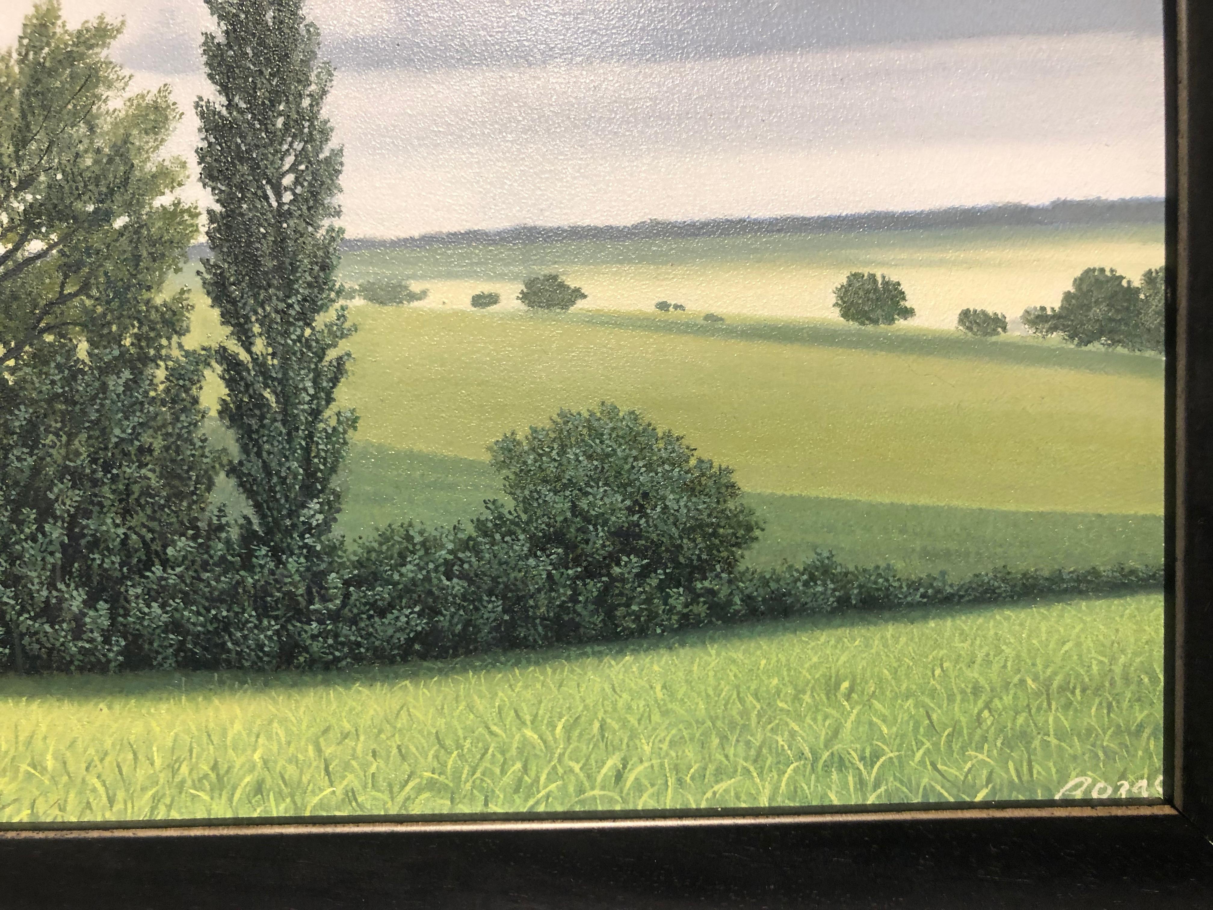 Lajania - Small Scale Highly Detailed Painting of Green Rolling Hills and Trees - Gray Landscape Painting by René Monzón Relova “Pozas”