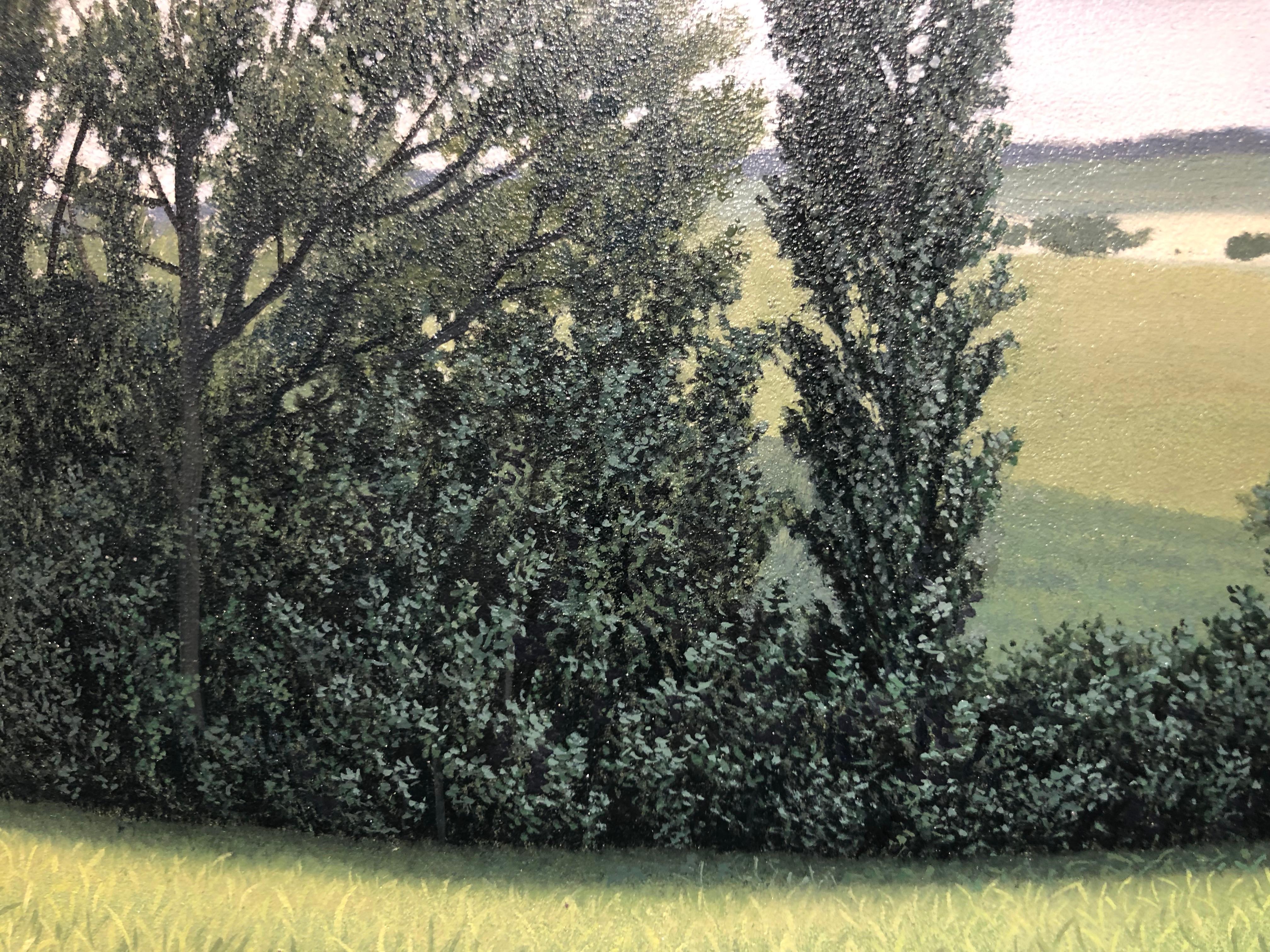 This small scale painting draws the viewer in with its painstaking detail.  Each leaf and blade of grass a rendered in tiny brush strokes making the painting feel much larger than it is.  Vivid greens project against the gray sky creating an almost