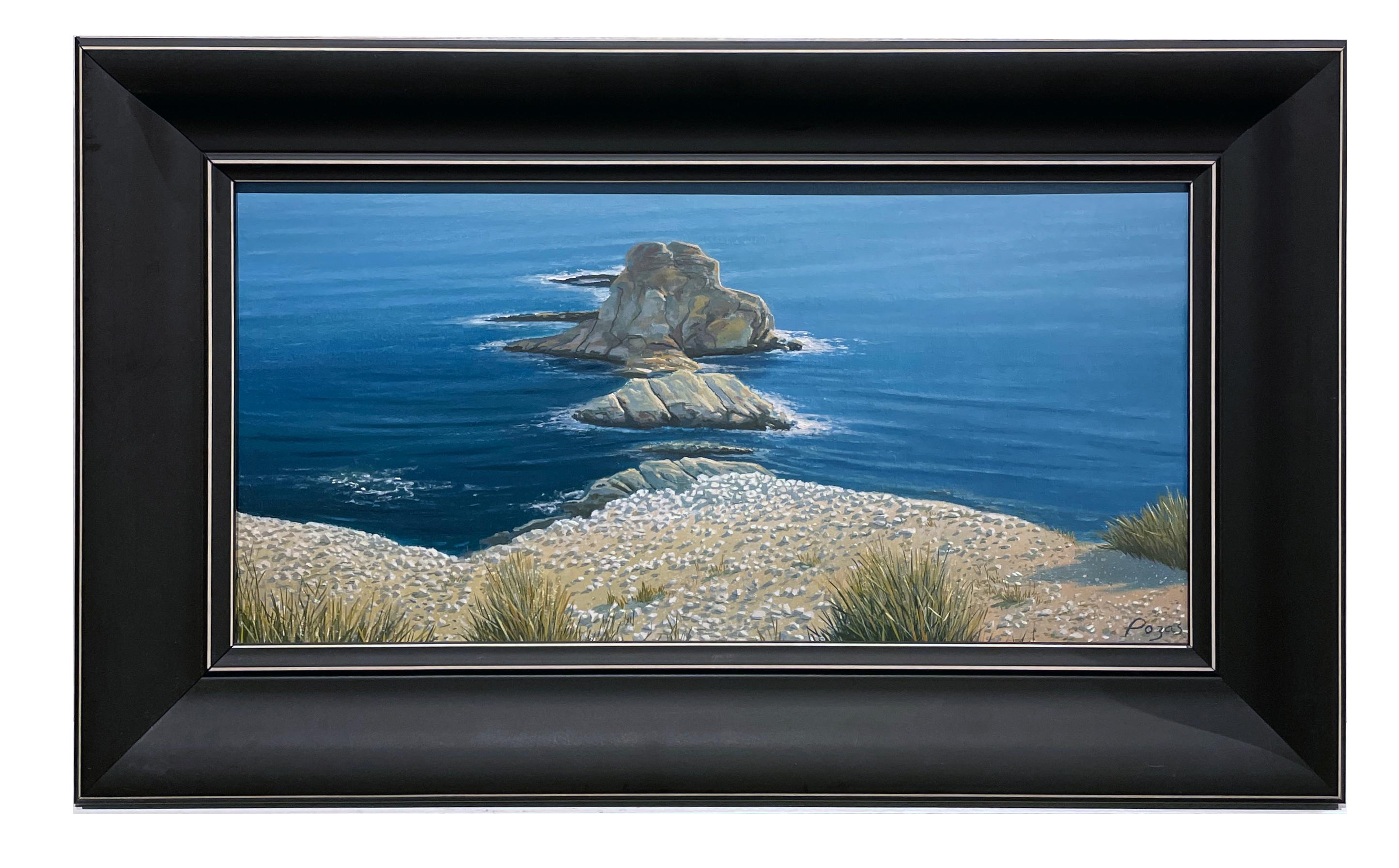 Las Vacaciones de Jose, Surreale Landschaft der Rocky-Inseln vor einer Meeresküste – Painting von René Monzón Relova “Pozas”