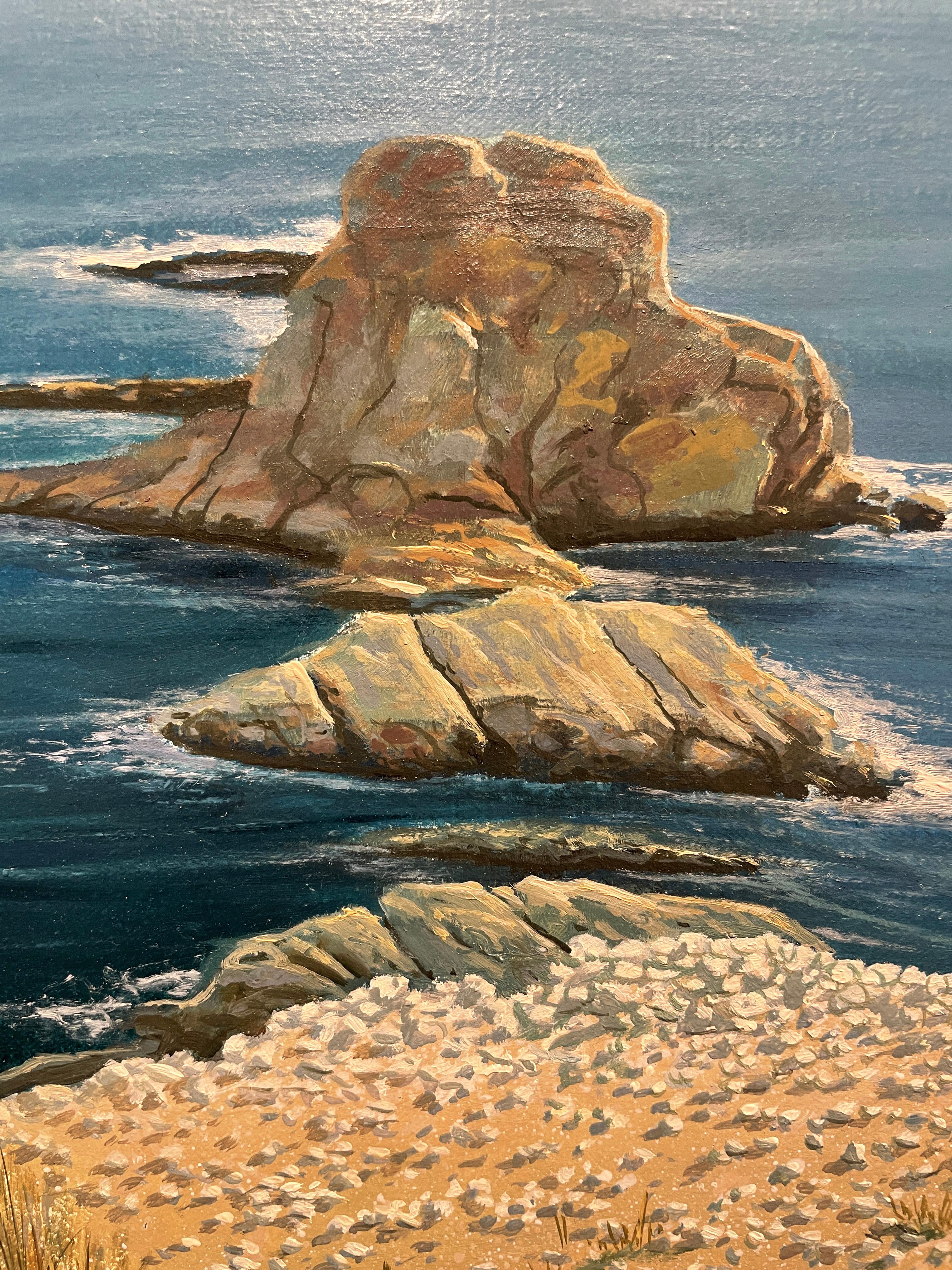 Las Vacaciones de Jose, Surreal Landscape of Rocky Islands off a Sea Coast - Contemporary Painting by René Monzón Relova “Pozas”