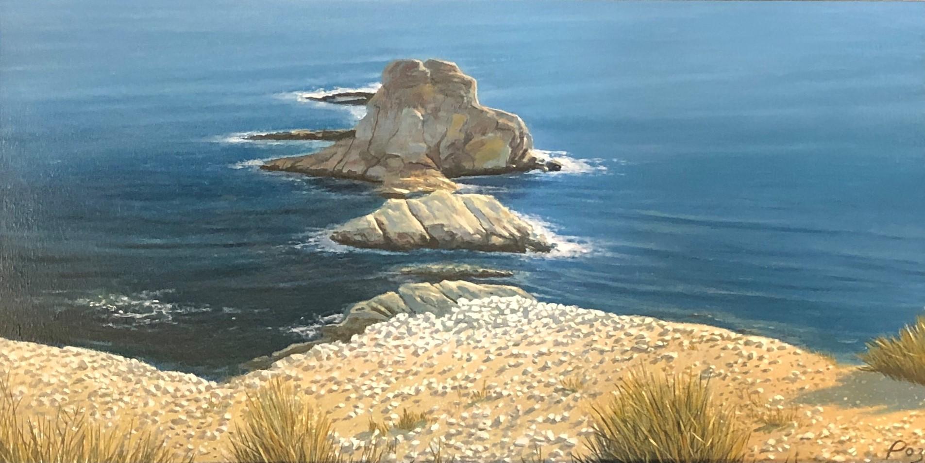 René Monzón Relova “Pozas” Landscape Painting - Las Vacaciones de Jose, Surreal Landscape of Rocky Islands off a Sea Coast