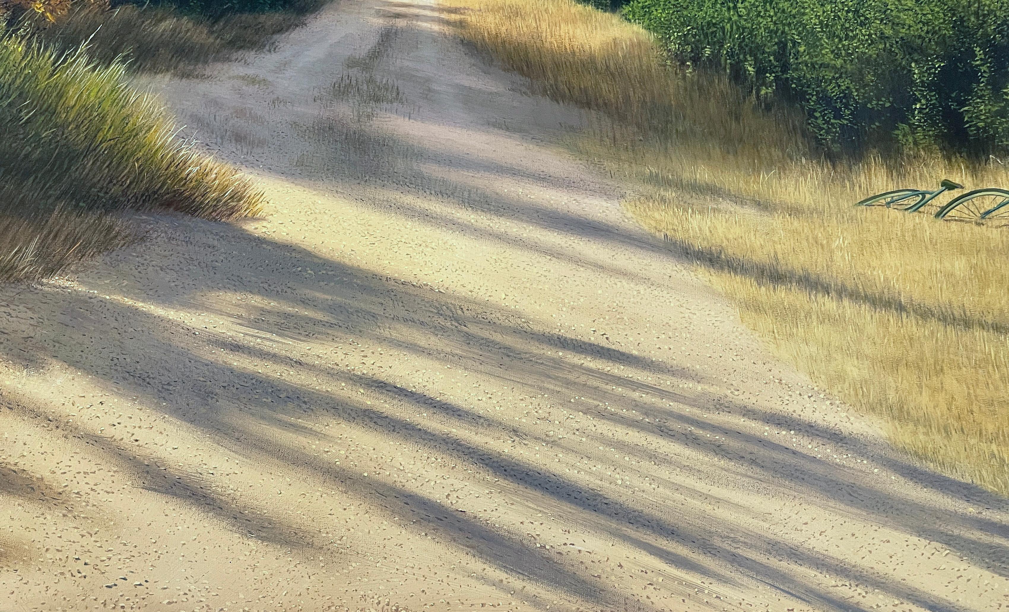 Helle Schatten, detailreiche, üppige Landschaft, verwüstete Straße, appliziertes Sonnenlicht (Grau), Landscape Painting, von René Monzón Relova “Pozas”