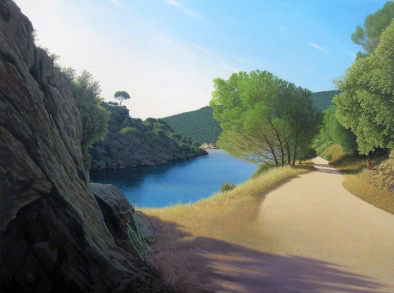 Rene Monzon Relova Pozas Living Nature Oil Painting Of Secluded Nature Scene With Woman And Bicycle At 1stdibs