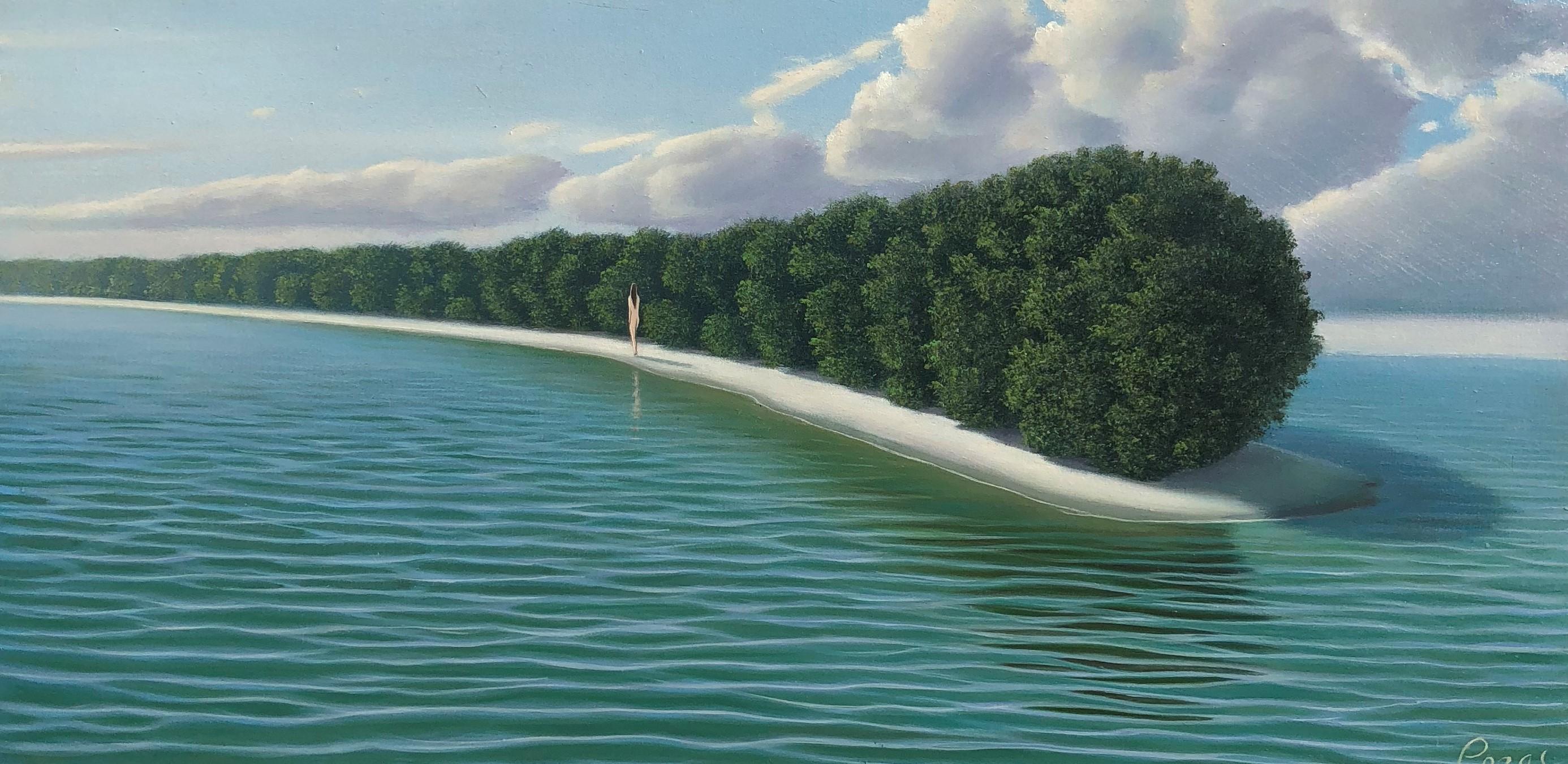 René Monzón Relova “Pozas” Landscape Painting - My Isla - Highly Detailed Surreal Island Landscape with Blue Turquoise Water