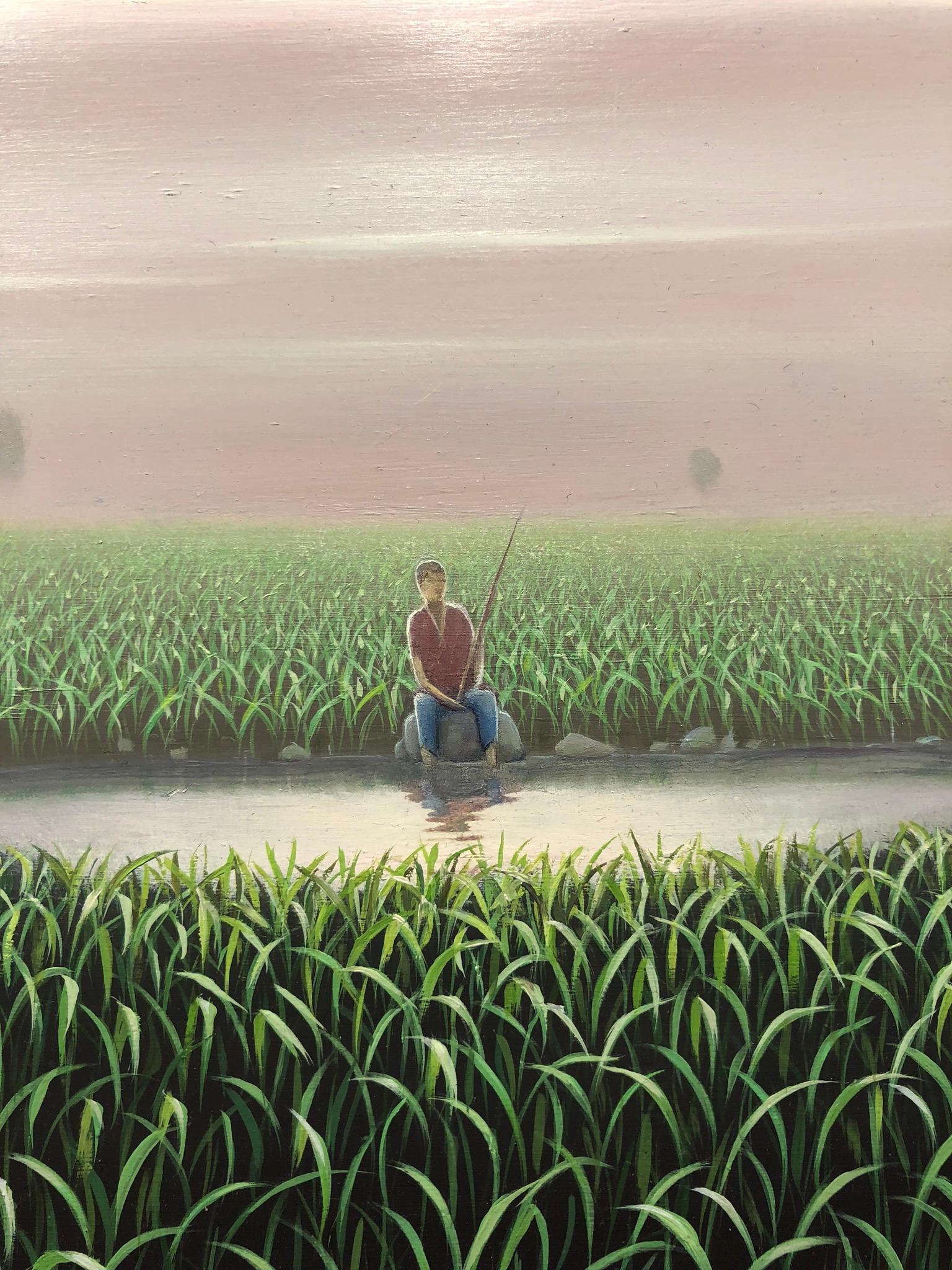 René, Lone Figure Fishing on a Surreal Pond, Small Scale Oil on Panel, Framed - Contemporary Painting by René Monzón Relova “Pozas”
