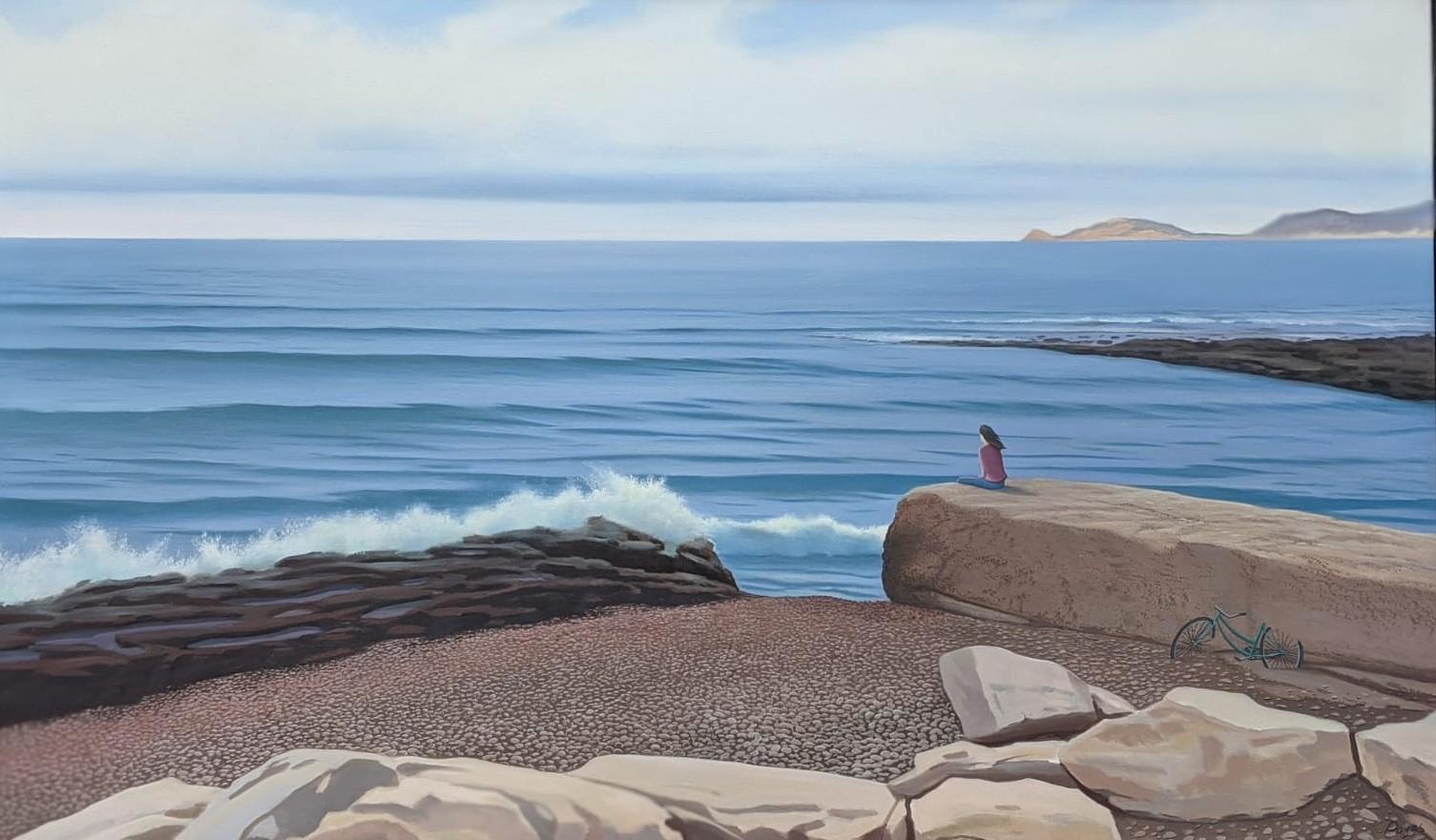 René Monzón Relova “Pozas” Landscape Painting - The Awakening - Surreal Landscape of a Lone Figure and the Sea, Oil on Canvas