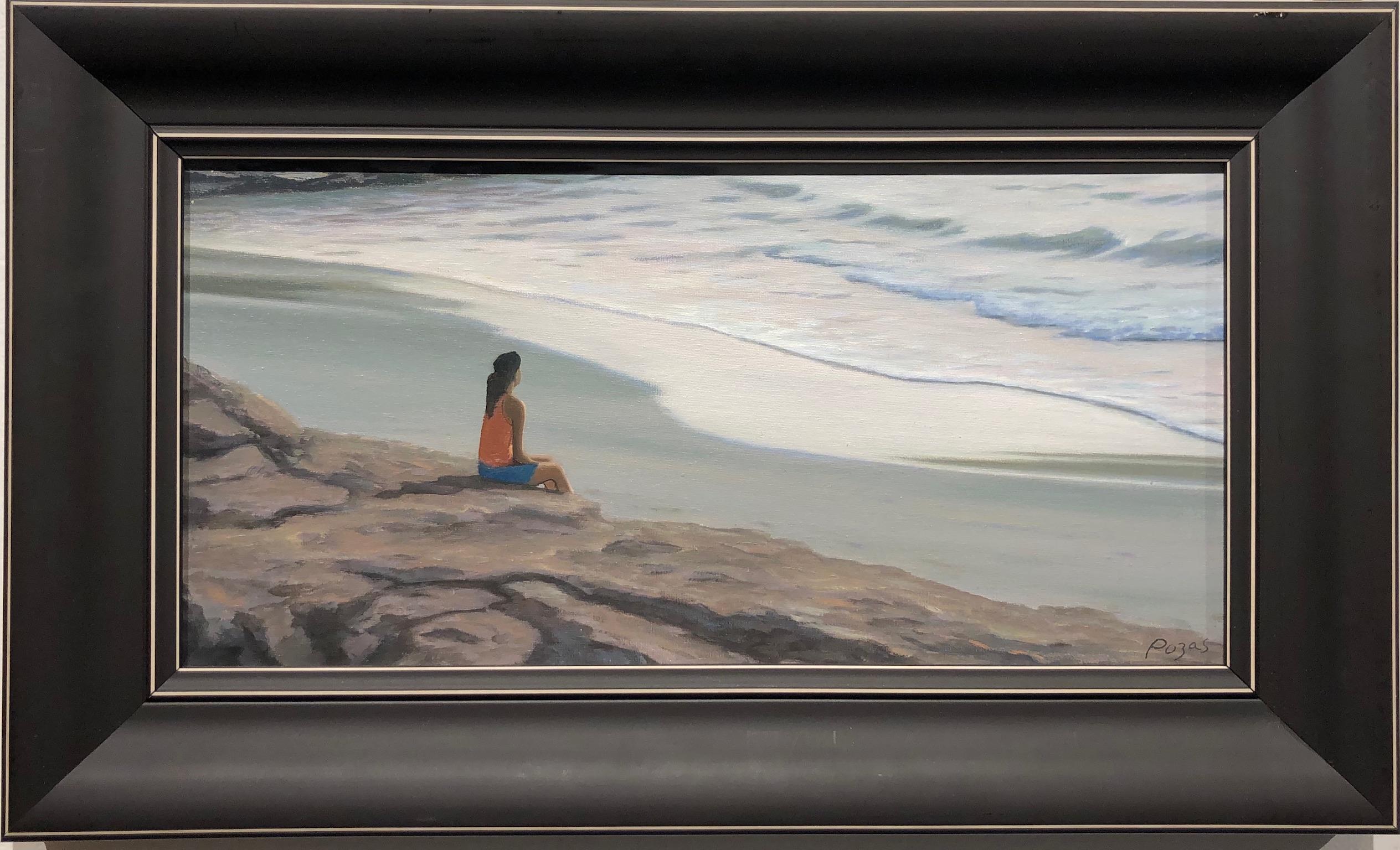 The Desired Moment. Surreal Ocean Landscape with Lone Female Figure, Framed - Painting by René Monzón Relova “Pozas”