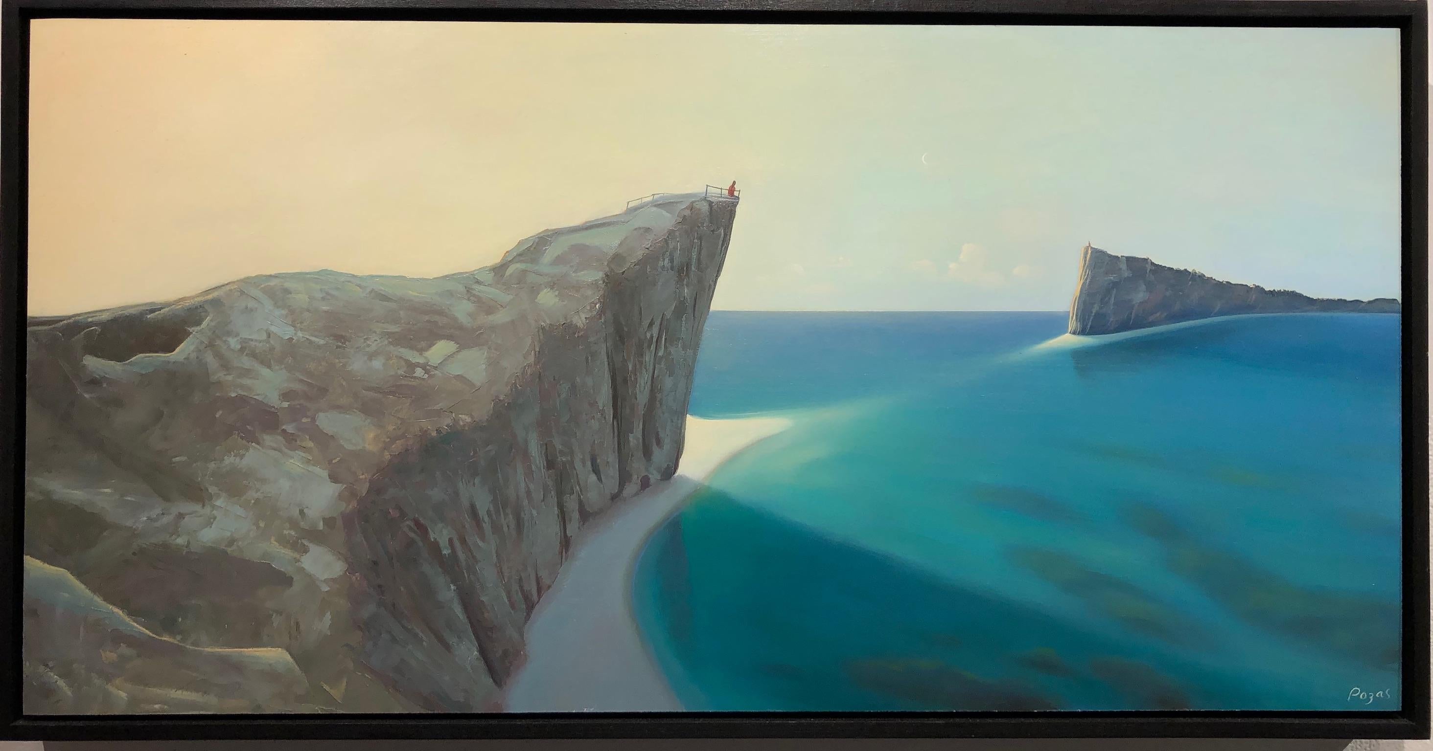 The Dialogue, Surrealist Landscape with Aqua Blue Ocean and Rocky Cliffs, Framed - Painting by René Monzón Relova “Pozas”
