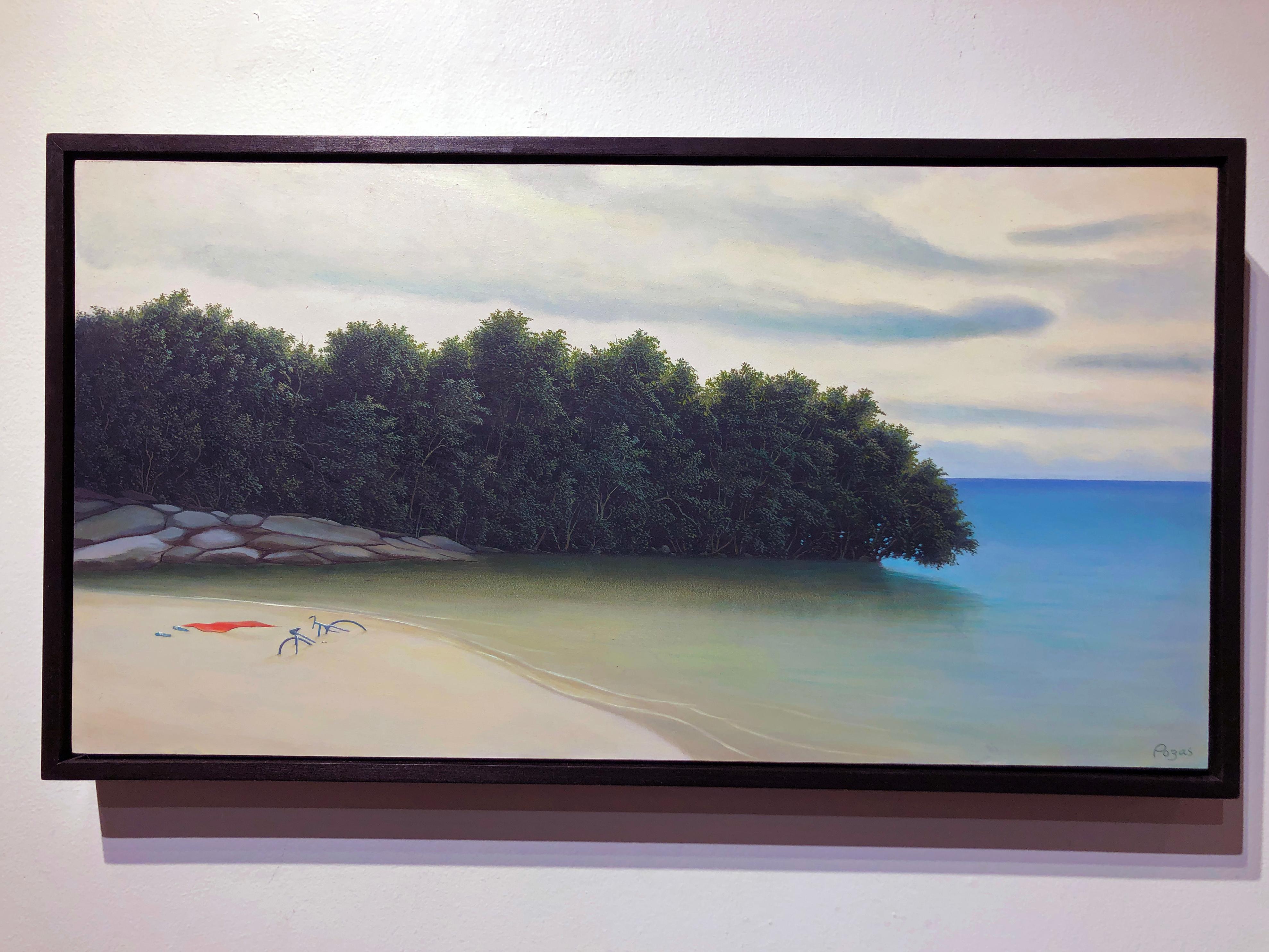 This surreal painting of a secluded beach cove beckons the viewer.  A pair of sandals, a beach towel, and a bicycle remain on the beach but the owner is nowhere to be found.  Perhaps they swam out of view.  Each leaf in the trees is painted in